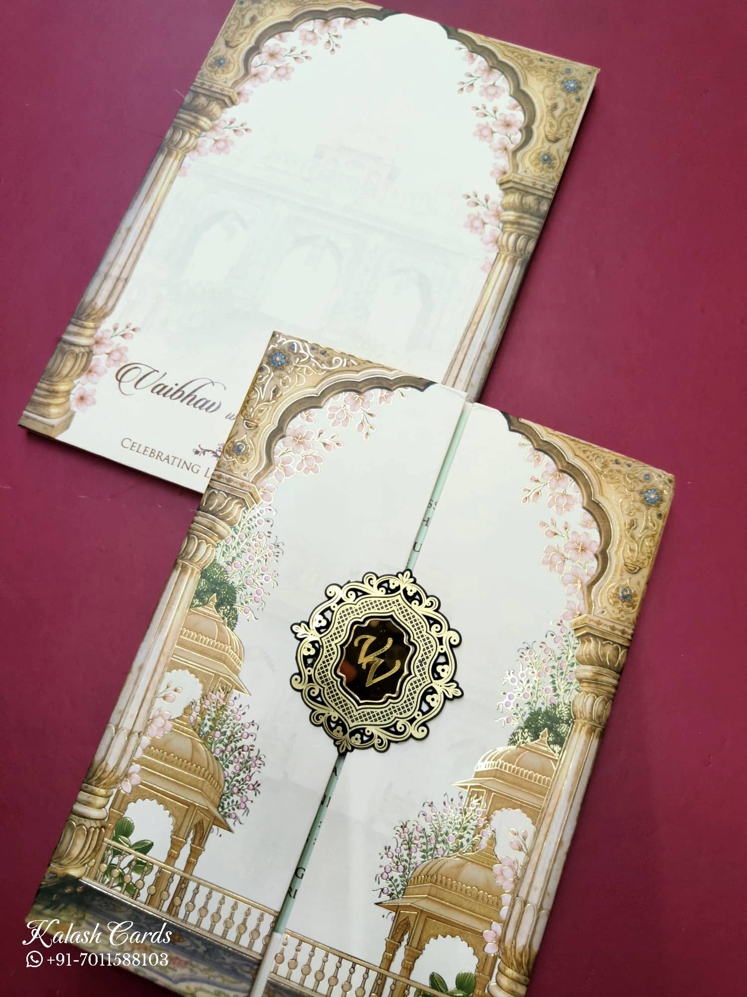 KLB823 Royal Fort Design Creme Brown Color Double Door Style Hardboard Padding Thick Wedding Card (2 Page & Couple Initial Acrylic)