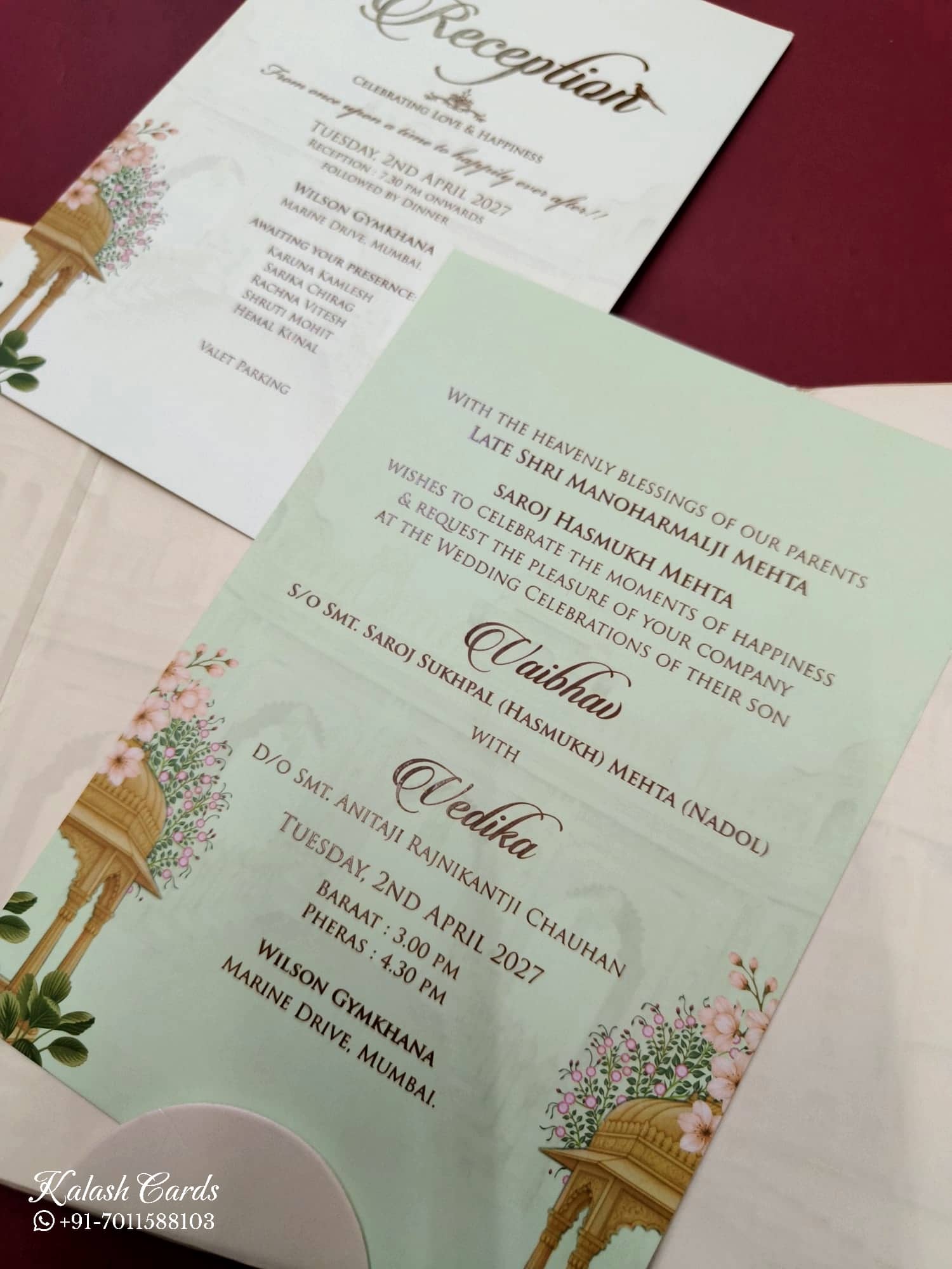 KLB823 Royal Fort Design Creme Brown Color Double Door Style Hardboard Padding Thick Wedding Card (2 Page & Couple Initial Acrylic)