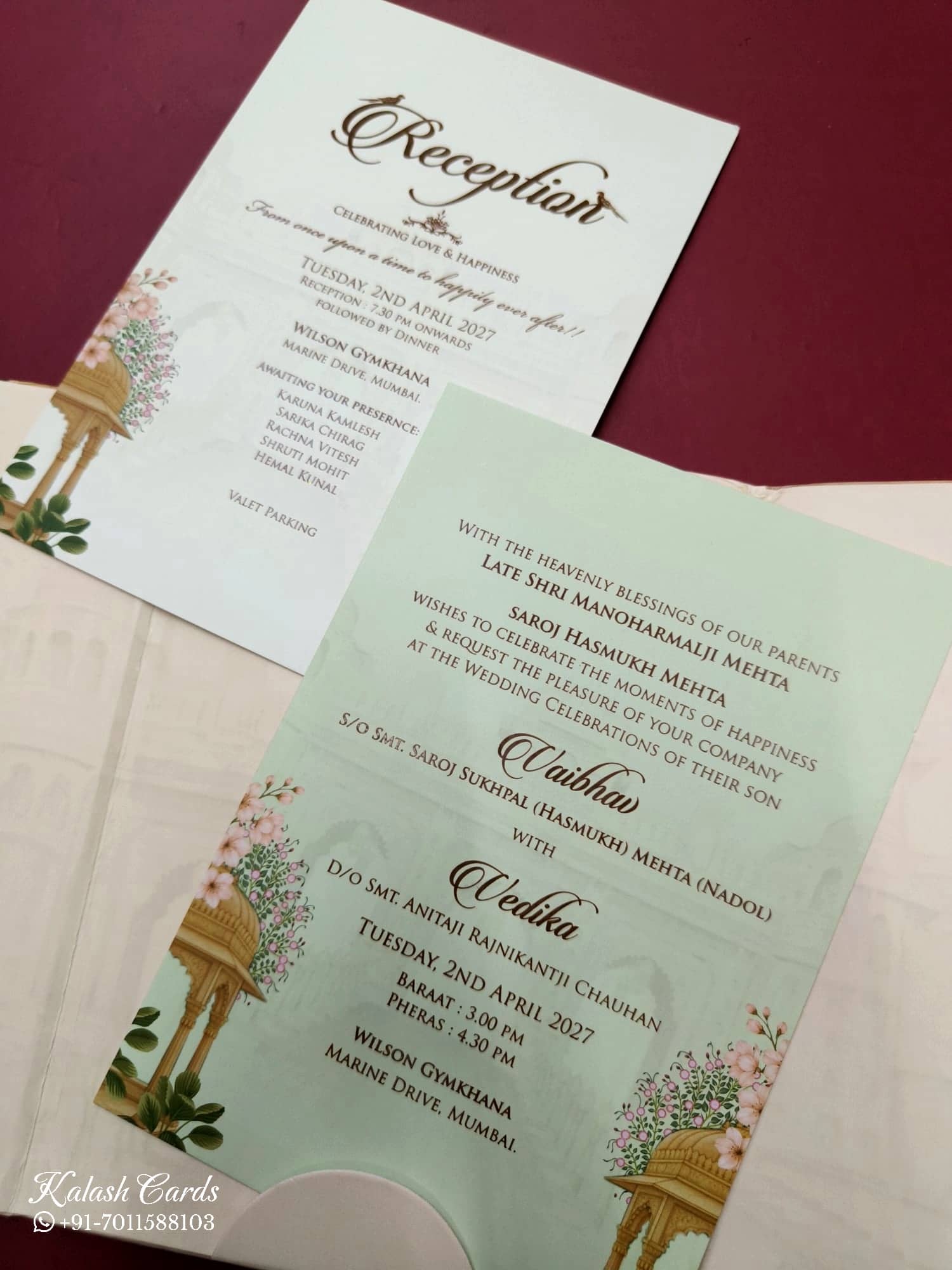 KLB823 Royal Fort Design Creme Brown Color Double Door Style Hardboard Padding Thick Wedding Card (2 Page & Couple Initial Acrylic)