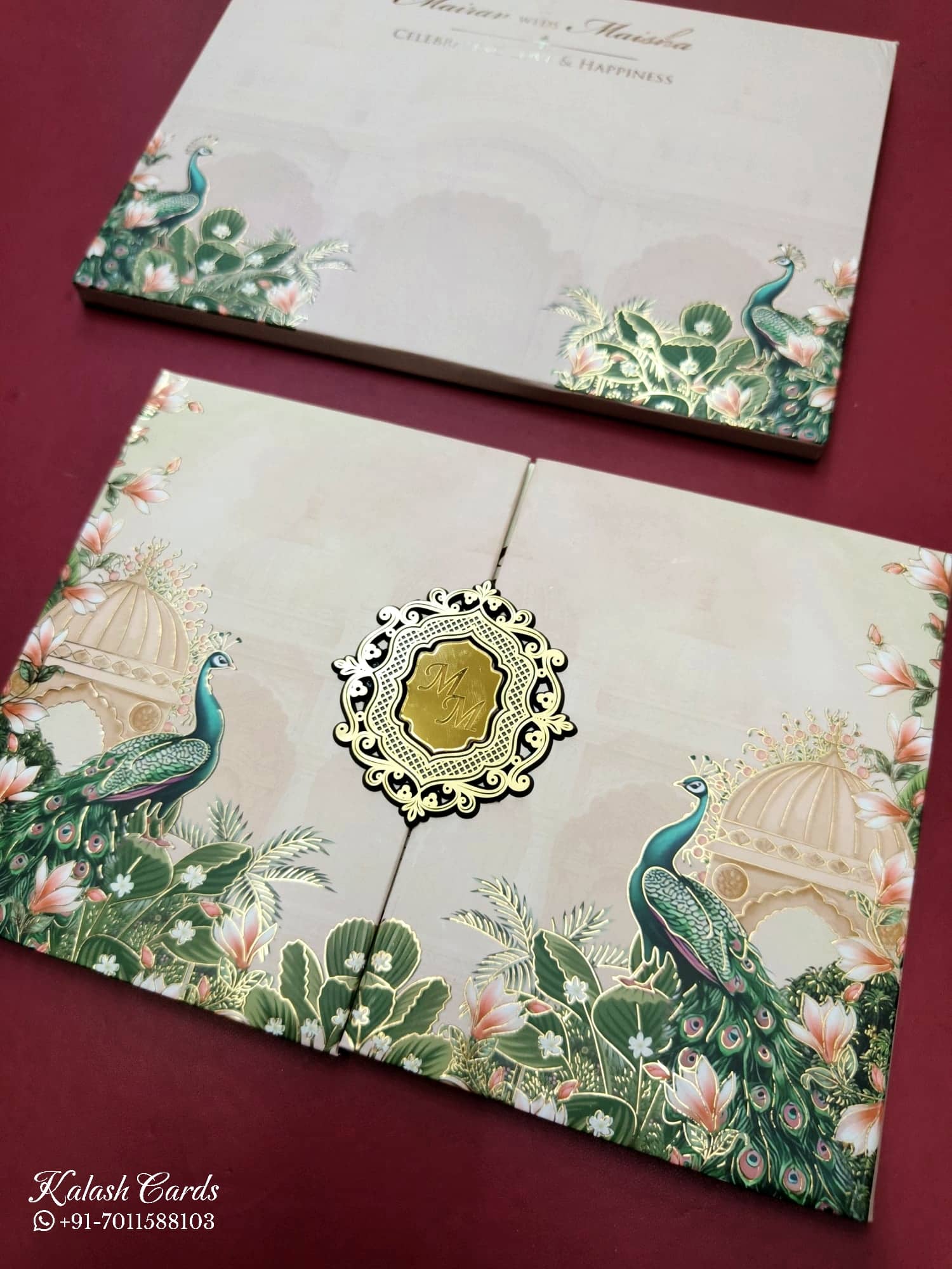 KLB824 Peacock Design Creme Peach Color Double Door Style Hardboard Padding Thick Wedding Card (2 Page & Couple Initial Acrylic)
