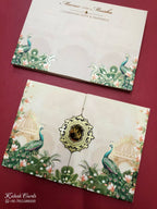 KLB824 Peacock Design Creme Peach Color Double Door Style Hardboard Padding Thick Wedding Card (2 Page & Couple Initial Acrylic)