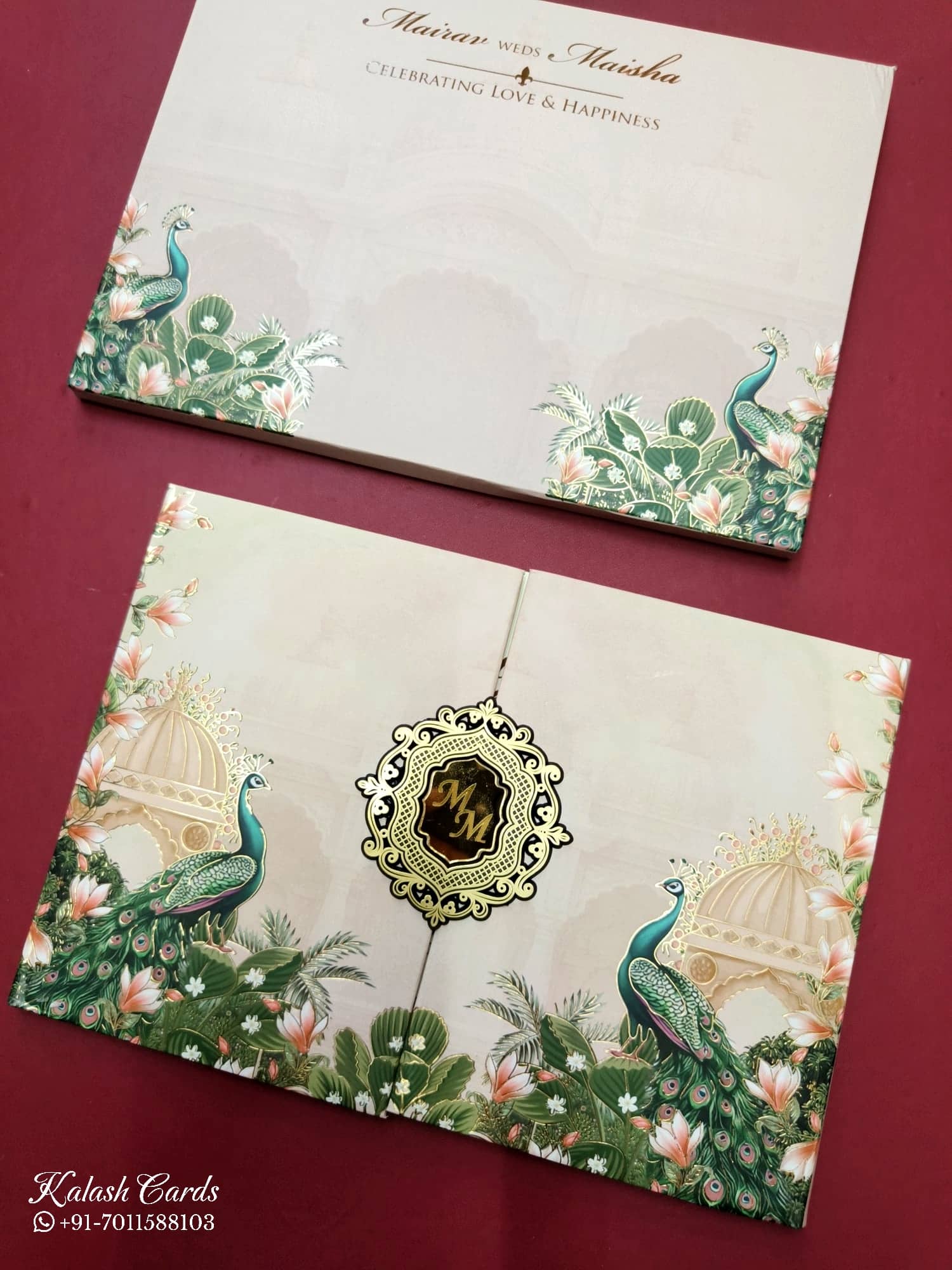 KLB824 Peacock Design Creme Peach Color Double Door Style Hardboard Padding Thick Wedding Card (2 Page & Couple Initial Acrylic)