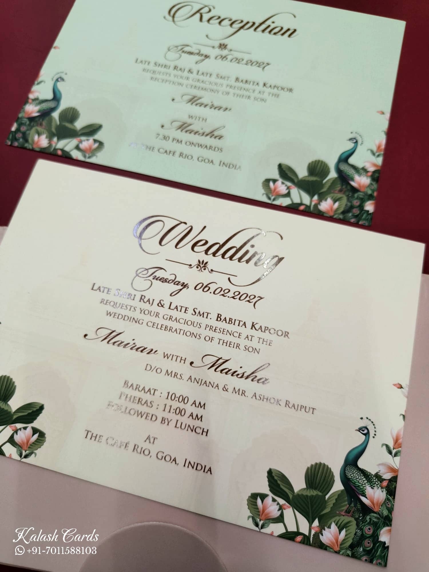 KLB824 Peacock Design Creme Peach Color Double Door Style Hardboard Padding Thick Wedding Card (2 Page & Couple Initial Acrylic)