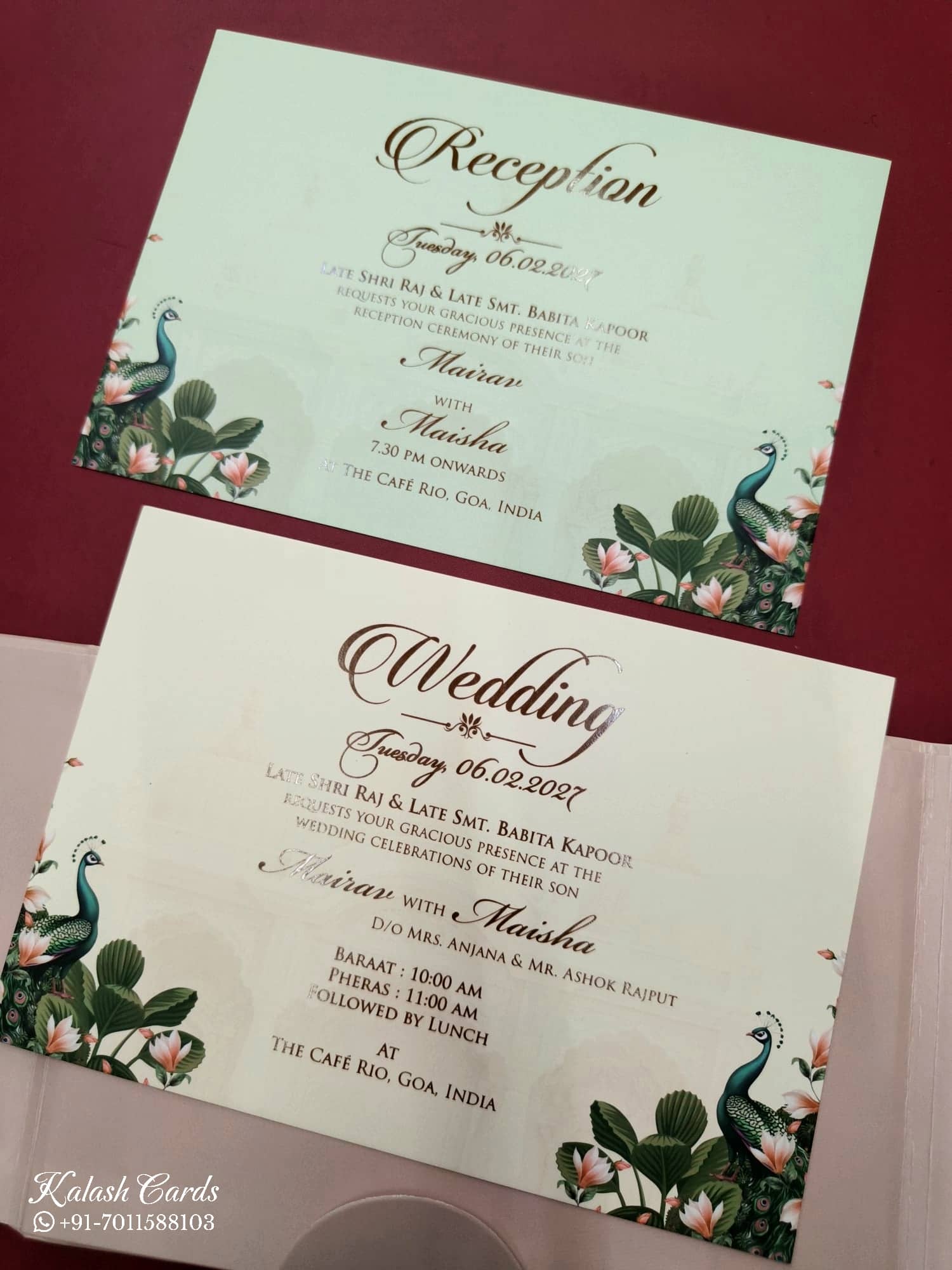 KLB824 Peacock Design Creme Peach Color Double Door Style Hardboard Padding Thick Wedding Card (2 Page & Couple Initial Acrylic)