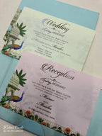 KLB825 Royal Fort Peacock Design Blue Color Double Door Style Hardboard Padding Thick Wedding Card (2 Page & Couple Name Acrylic)