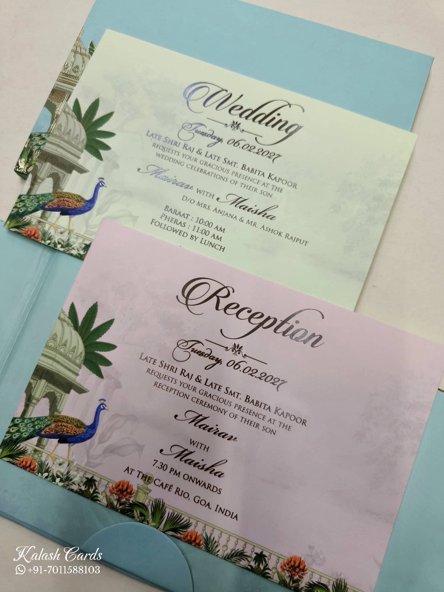 KLB825 Royal Fort Peacock Design Blue Color Double Door Style Hardboard Padding Thick Wedding Card (2 Page & Couple Name Acrylic)