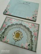 KLB826 Floral Design Green Color Double Door Style Hardboard Padding Thick Wedding Card (2 Page & Couple Initial Acrylic)