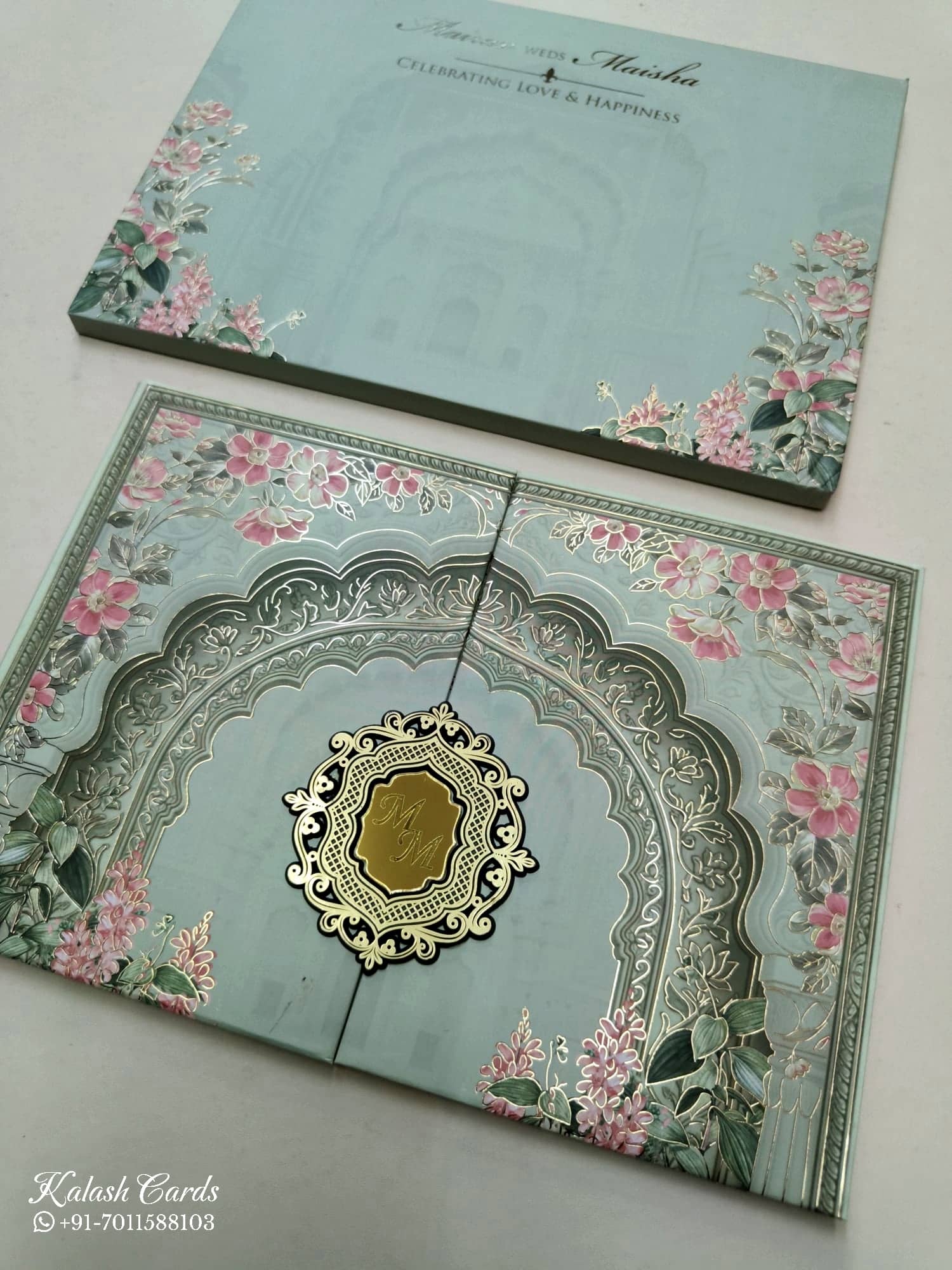 KLB826 Floral Design Green Color Double Door Style Hardboard Padding Thick Wedding Card (2 Page & Couple Initial Acrylic)