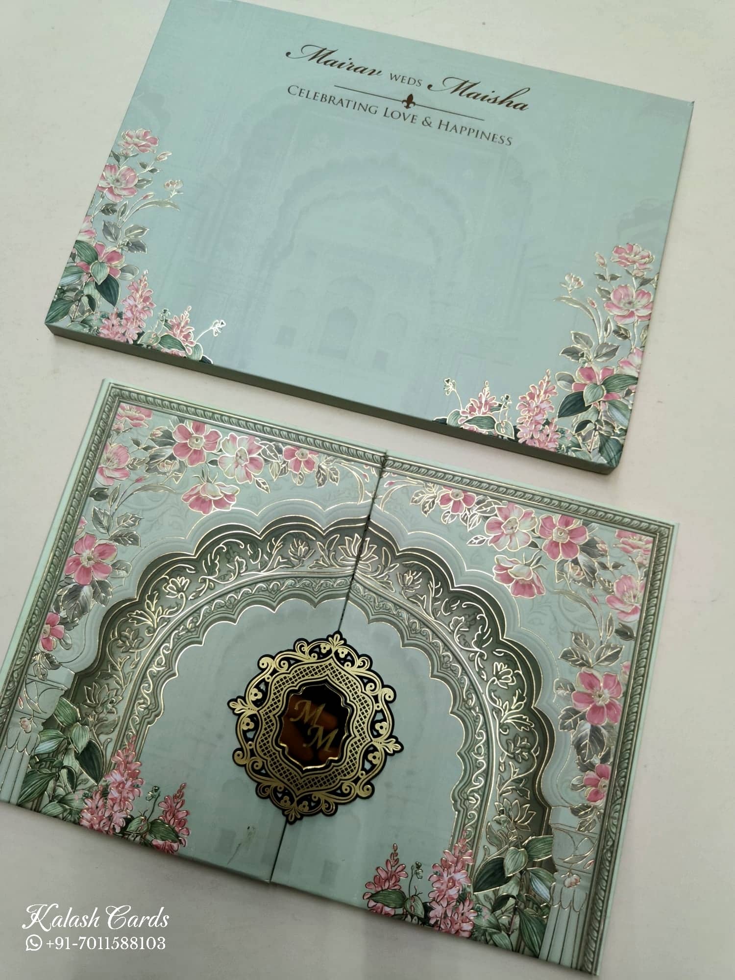 KLB826 Floral Design Green Color Double Door Style Hardboard Padding Thick Wedding Card (2 Page & Couple Initial Acrylic)