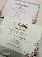 KLB826 Floral Design Green Color Double Door Style Hardboard Padding Thick Wedding Card (2 Page & Couple Initial Acrylic)