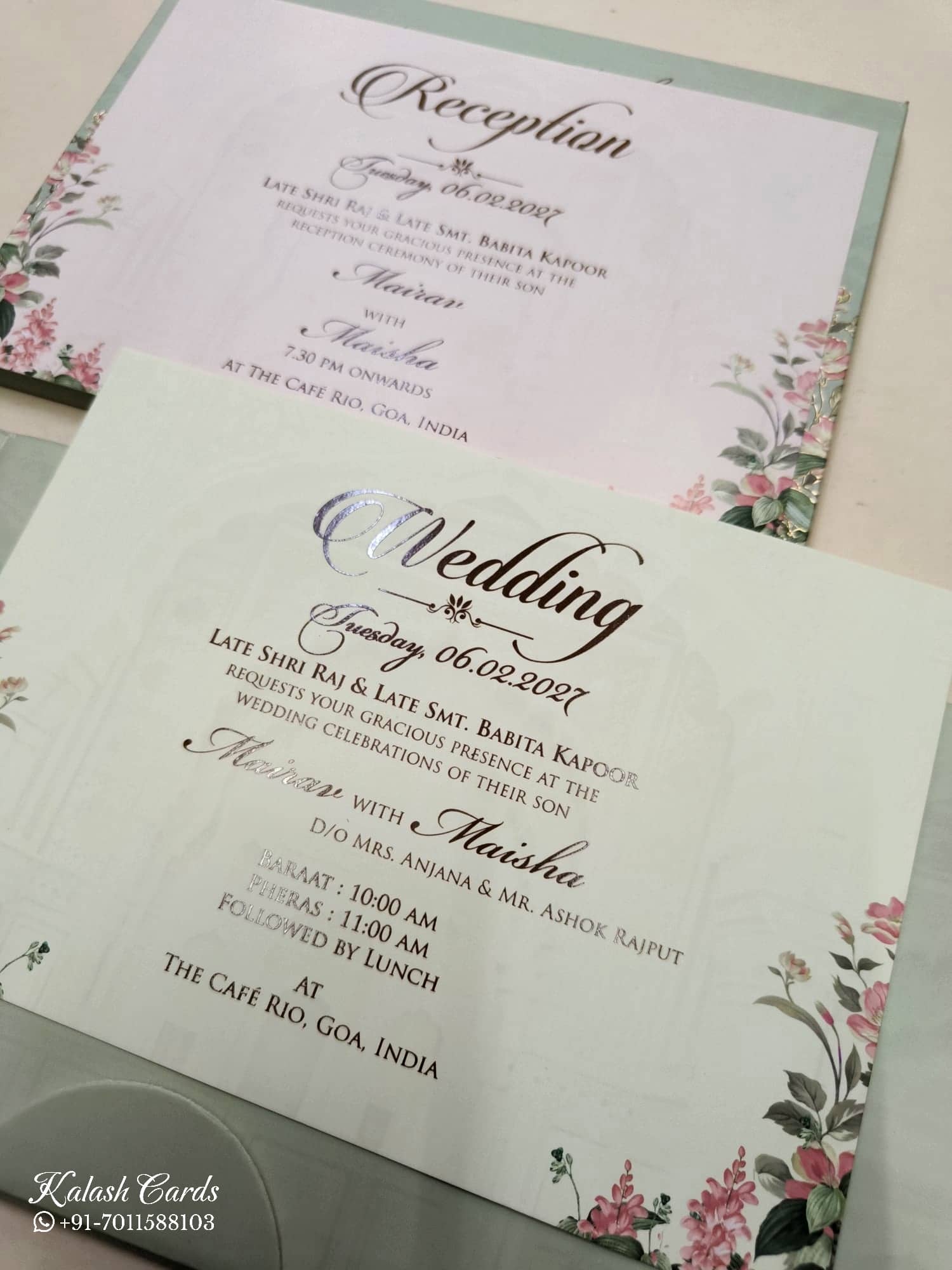 KLB826 Floral Design Green Color Double Door Style Hardboard Padding Thick Wedding Card (2 Page & Couple Initial Acrylic)