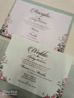 KLB826 Floral Design Green Color Double Door Style Hardboard Padding Thick Wedding Card (2 Page & Couple Initial Acrylic)