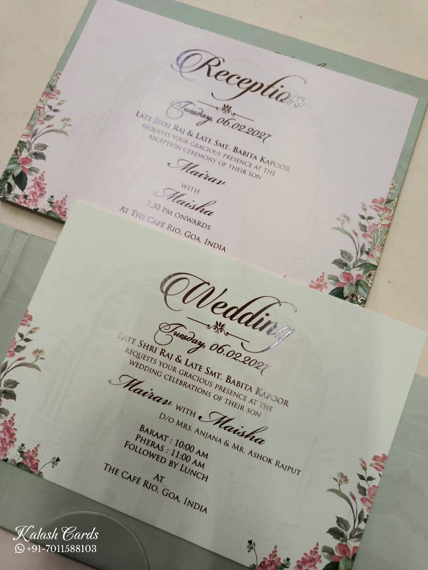 KLB826 Floral Design Green Color Double Door Style Hardboard Padding Thick Wedding Card (2 Page & Couple Initial Acrylic)