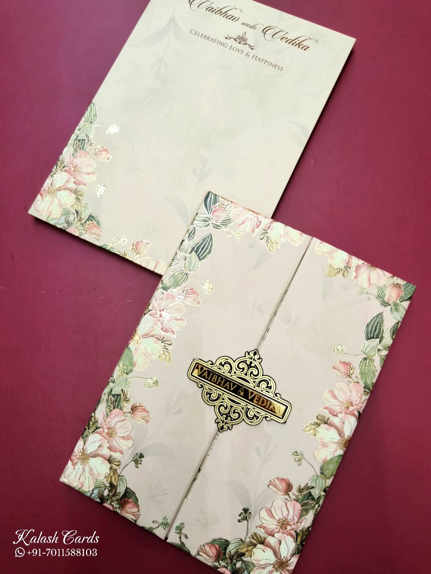 KLB827 Floral Design Peach Color Double Door Style Hardboard Padding Thick Wedding Card (2 Page & Couple Name Acrylic)