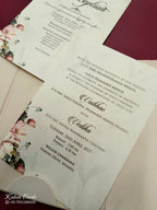 KLB827 Floral Design Peach Color Double Door Style Hardboard Padding Thick Wedding Card (2 Page & Couple Name Acrylic)