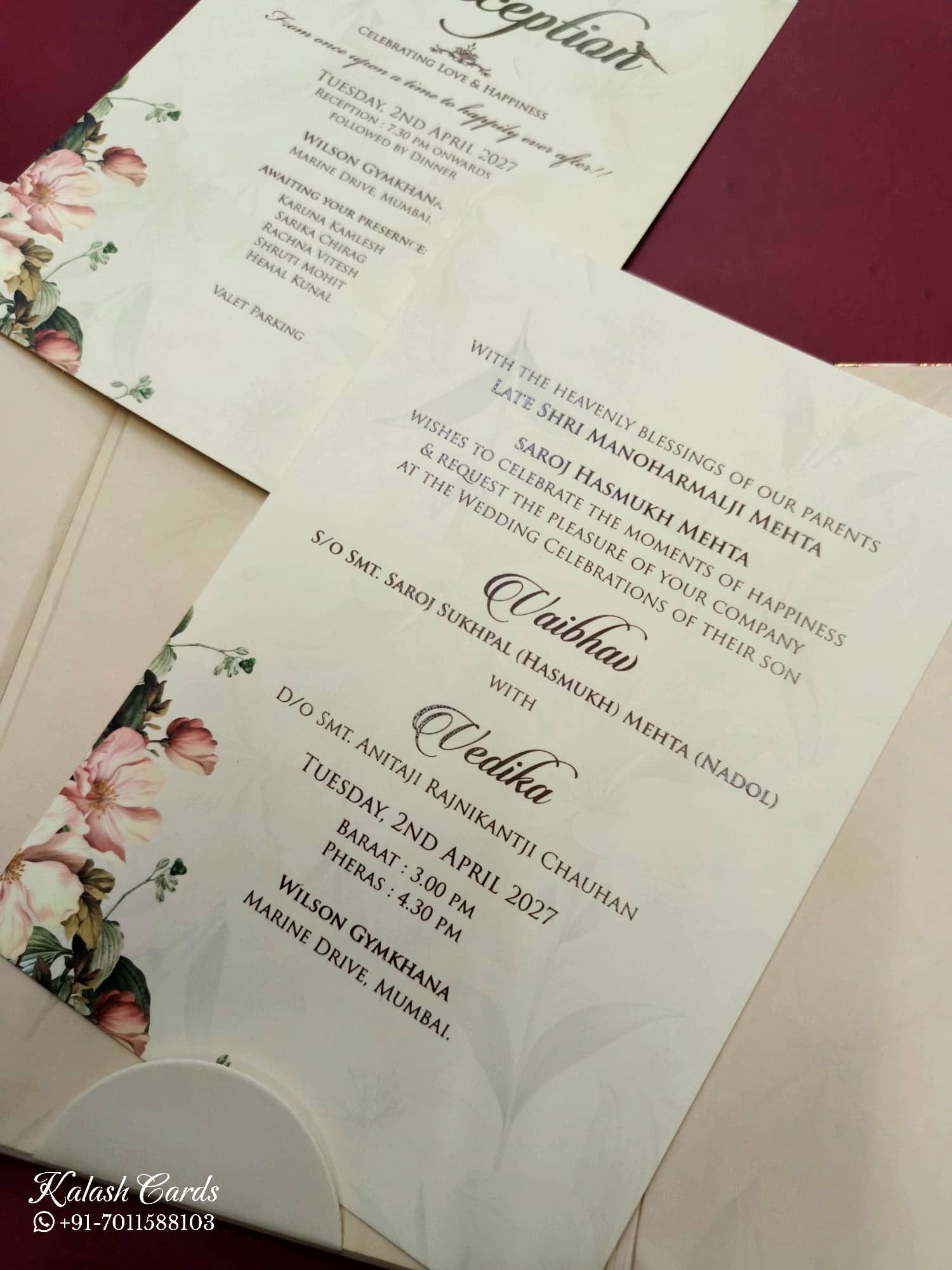 KLB827 Floral Design Peach Color Double Door Style Hardboard Padding Thick Wedding Card (2 Page & Couple Name Acrylic)