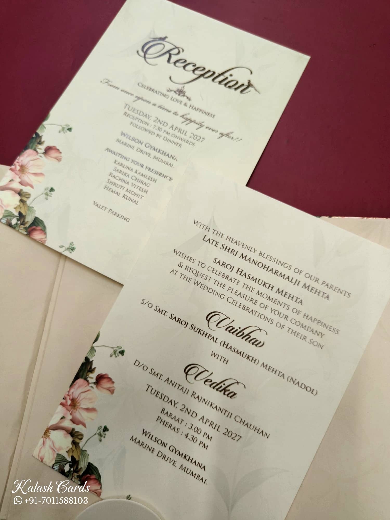 KLB827 Floral Design Peach Color Double Door Style Hardboard Padding Thick Wedding Card (2 Page & Couple Name Acrylic)