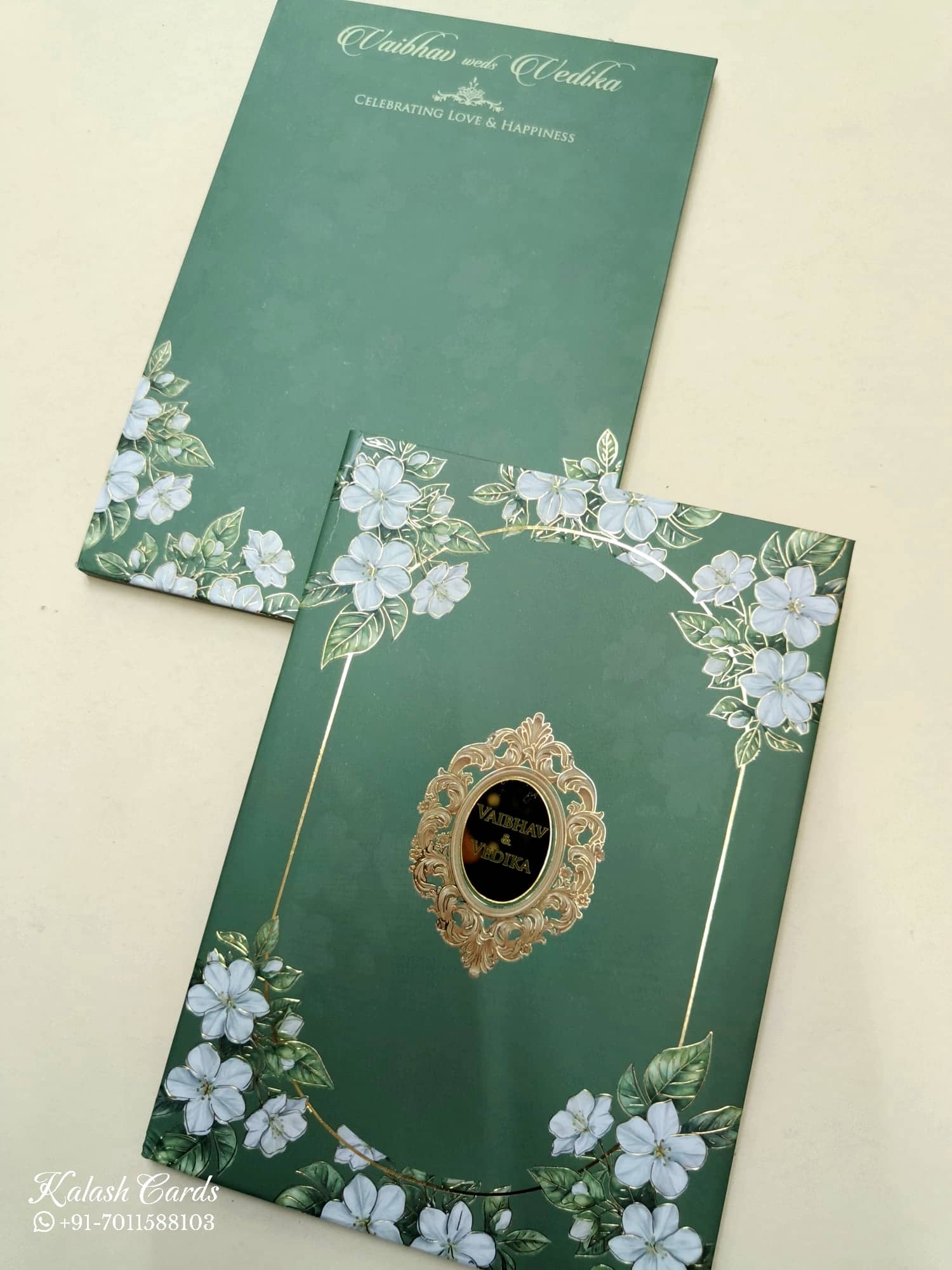 KLB828 Floral Design Green Color Hardboard Padding Thick Wedding Card (2 Page & Couple Name Acrylic)