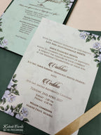 KLB828 Floral Design Green Color Hardboard Padding Thick Wedding Card (2 Page & Couple Name Acrylic)