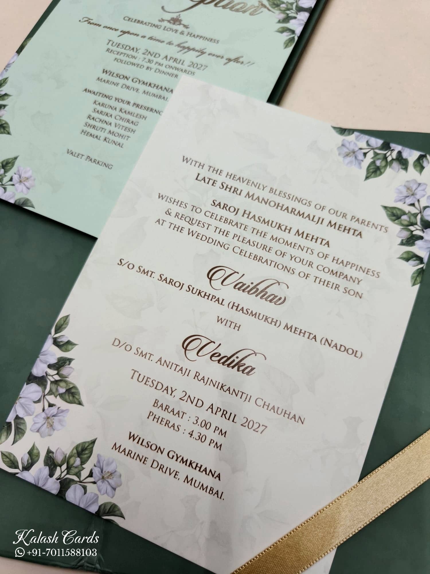 KLB828 Floral Design Green Color Hardboard Padding Thick Wedding Card (2 Page & Couple Name Acrylic)