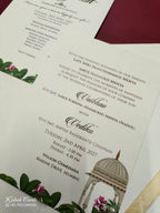 KLB829 Royal Fort Peacock Design Creme Blue Color Hardboard Padding Thick Wedding Card (2 Page & Couple Name Acrylic)