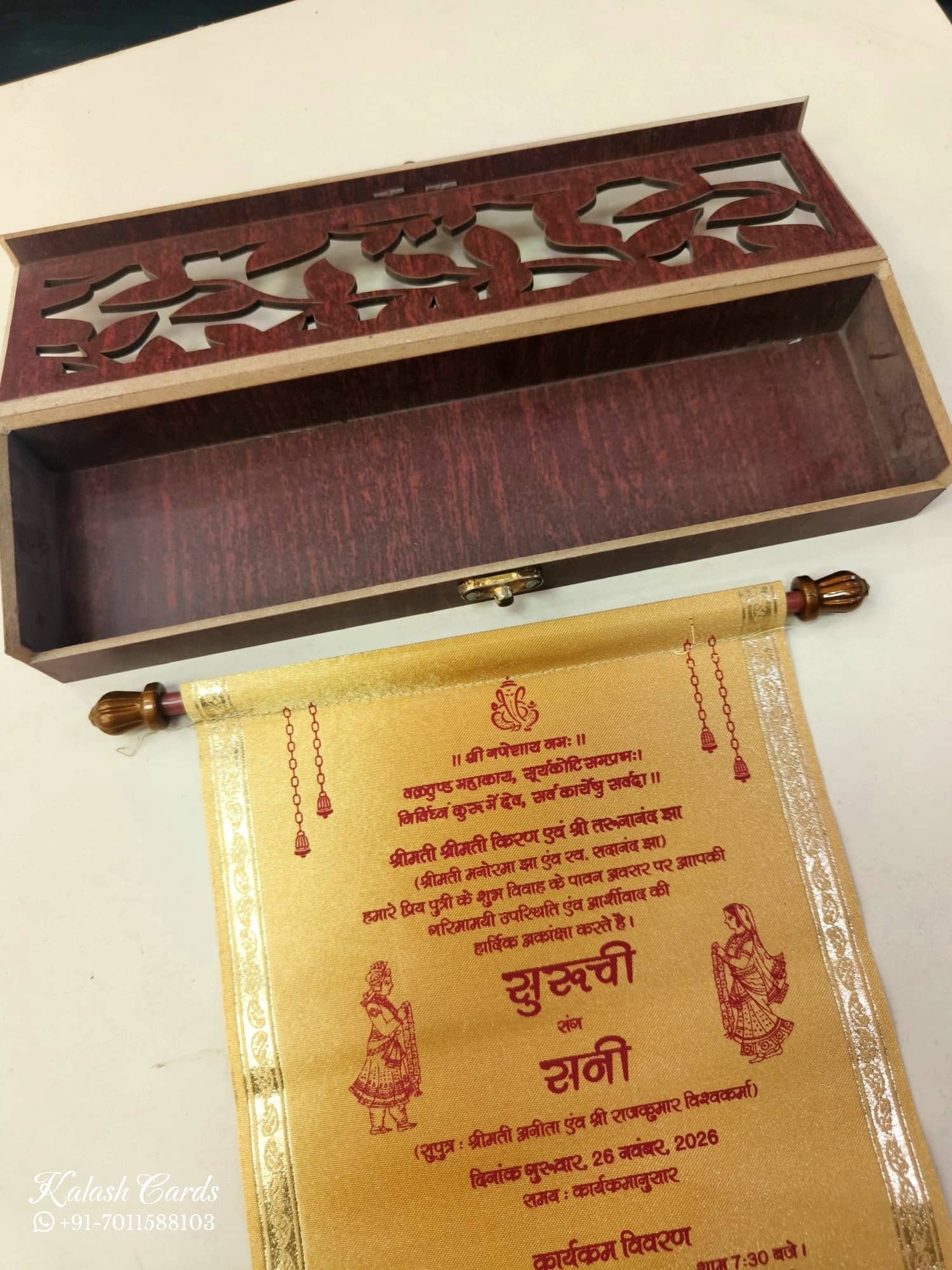 KLB831 Floral Design Brown Golden Color Laser Cut Scroll Box Type MDF Thick Wedding Card