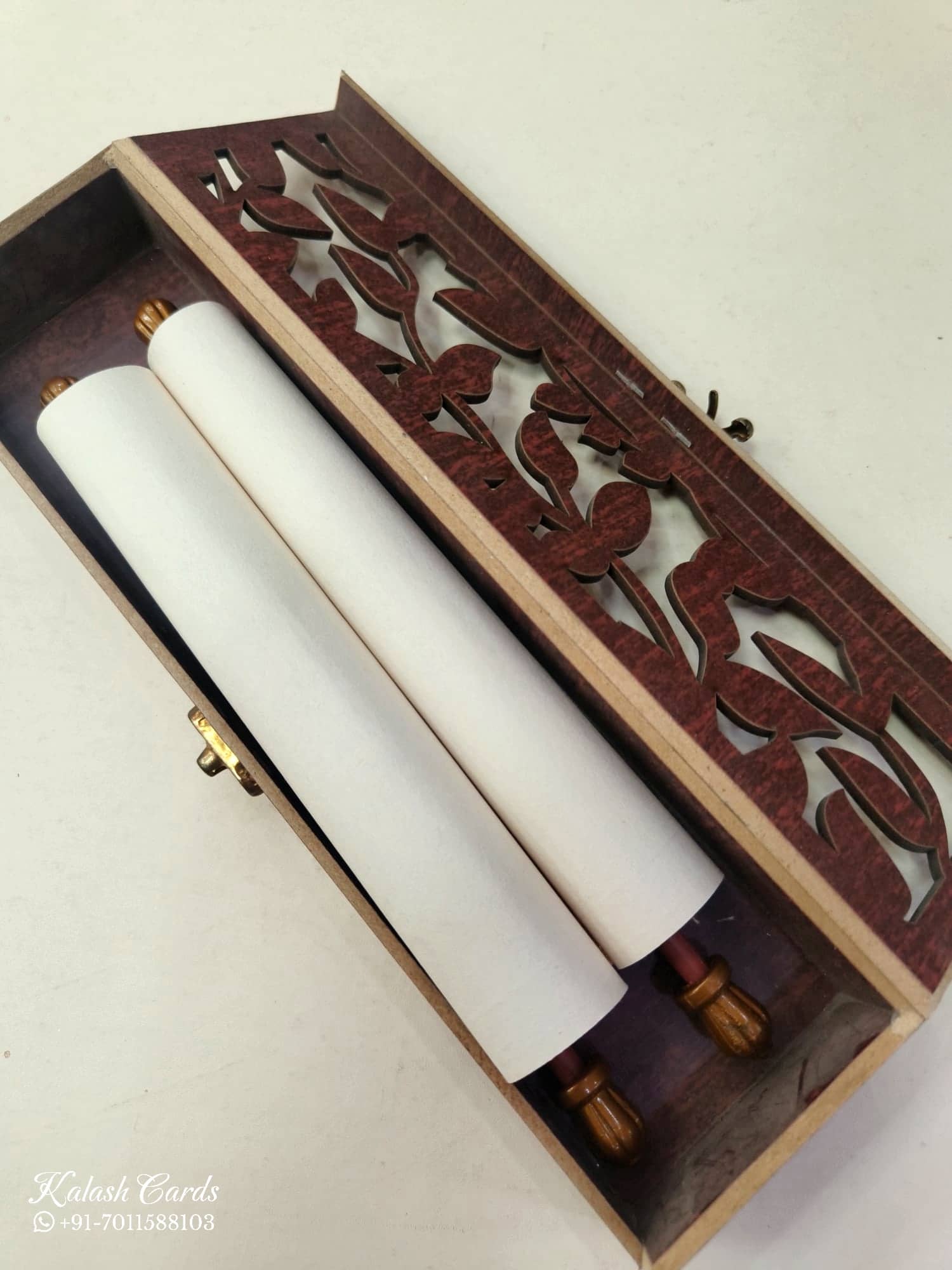 KLB831 Floral Design Brown Golden Color Laser Cut Scroll Box Type MDF Thick Wedding Card