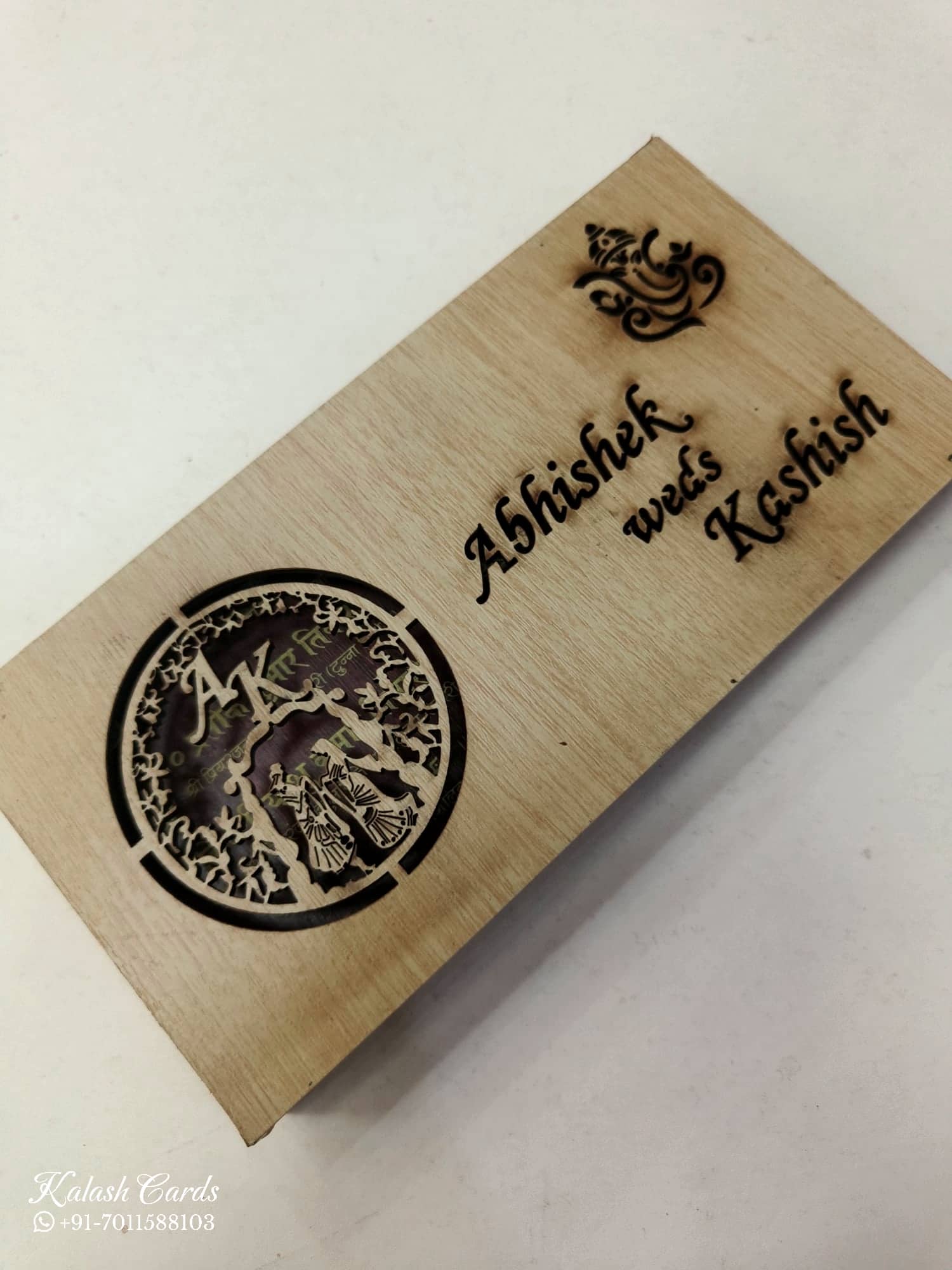 KLB835 Creme Brown Color Couple Name Laser Cut Box Type MDF Thick Wedding Card