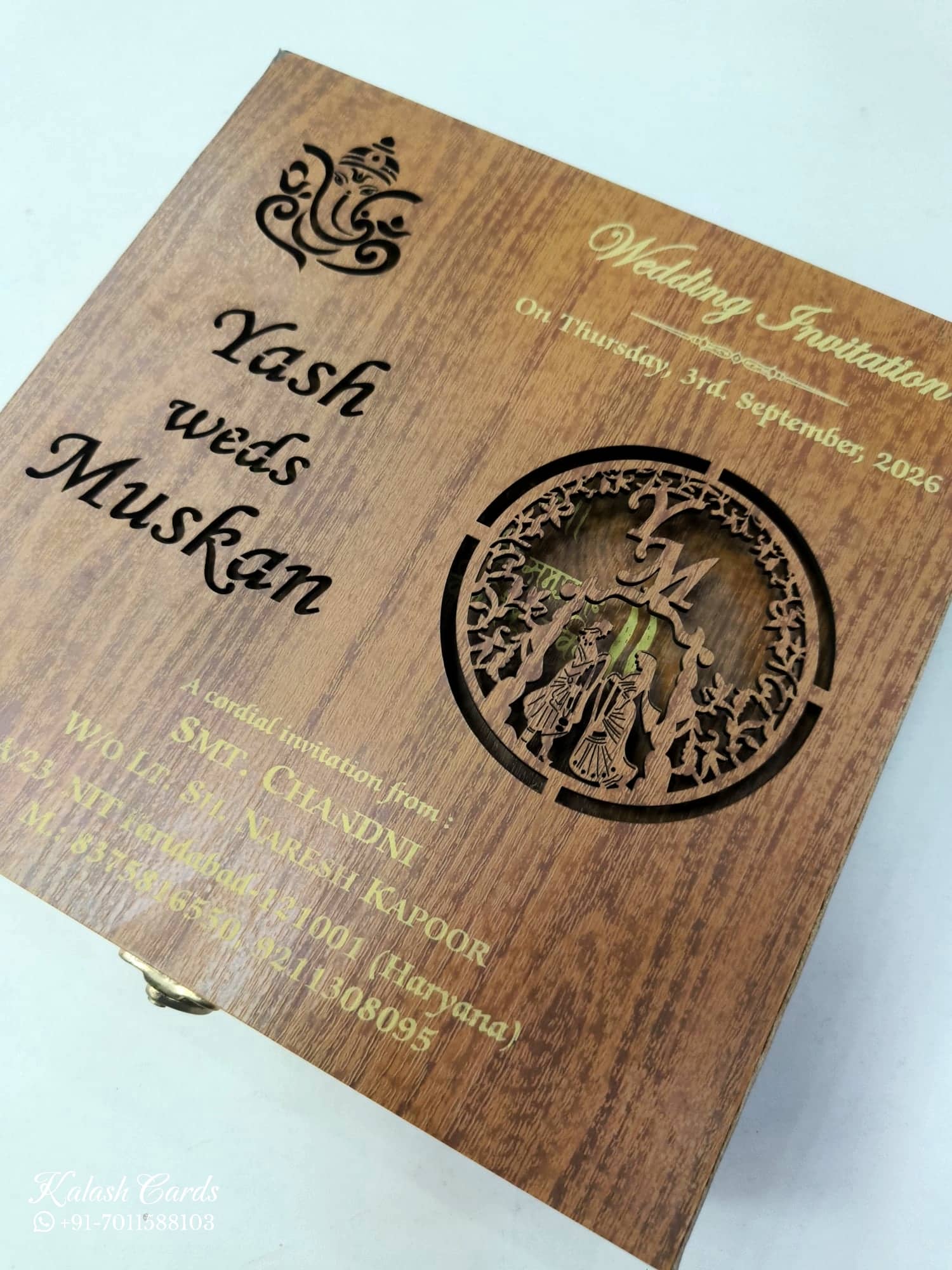 KLB839 Brown Color Couple Name Laser Cut Box Type MDF Thick Wedding Card