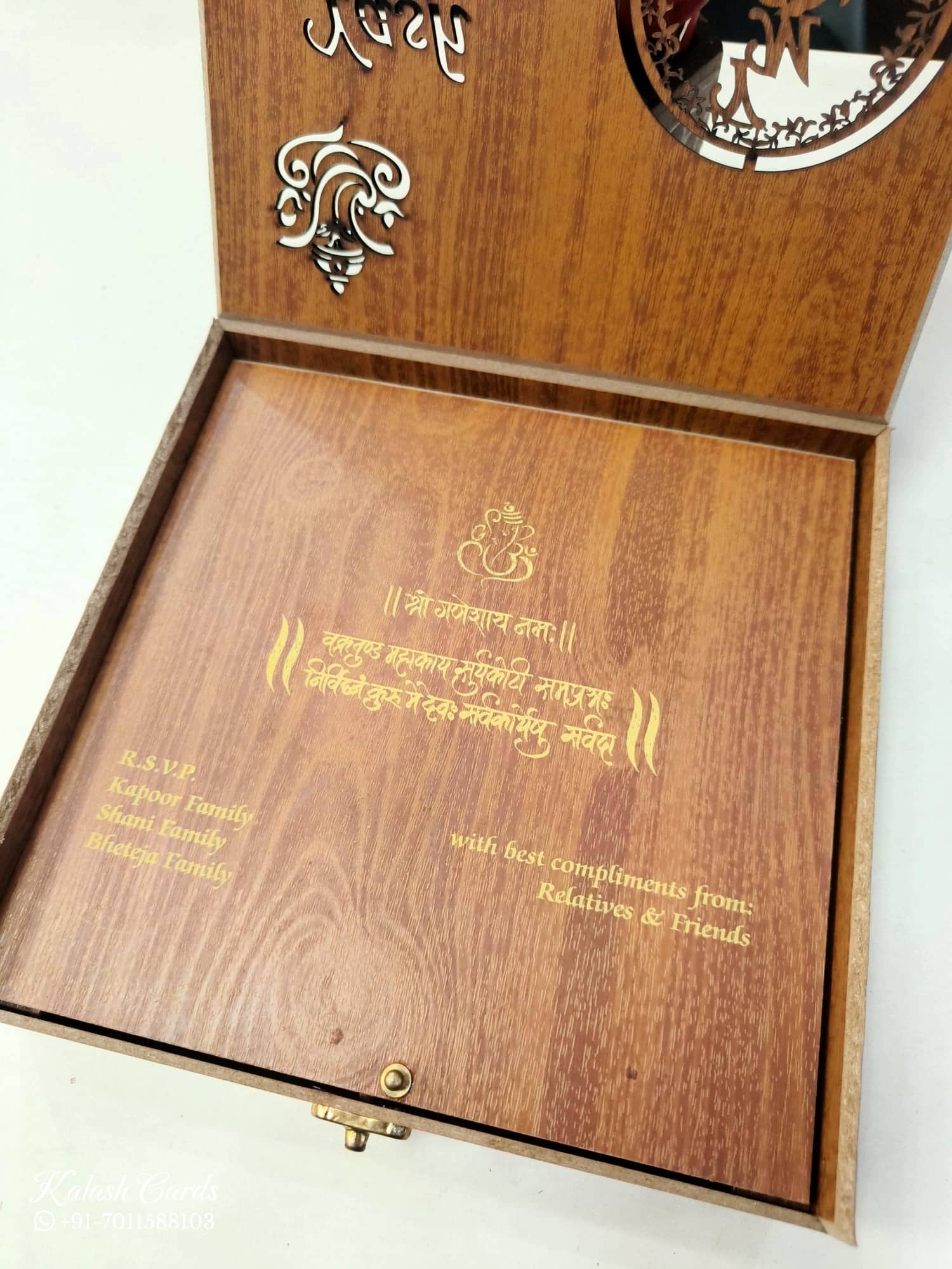 KLB839 Brown Color Couple Name Laser Cut Box Type MDF Thick Wedding Card