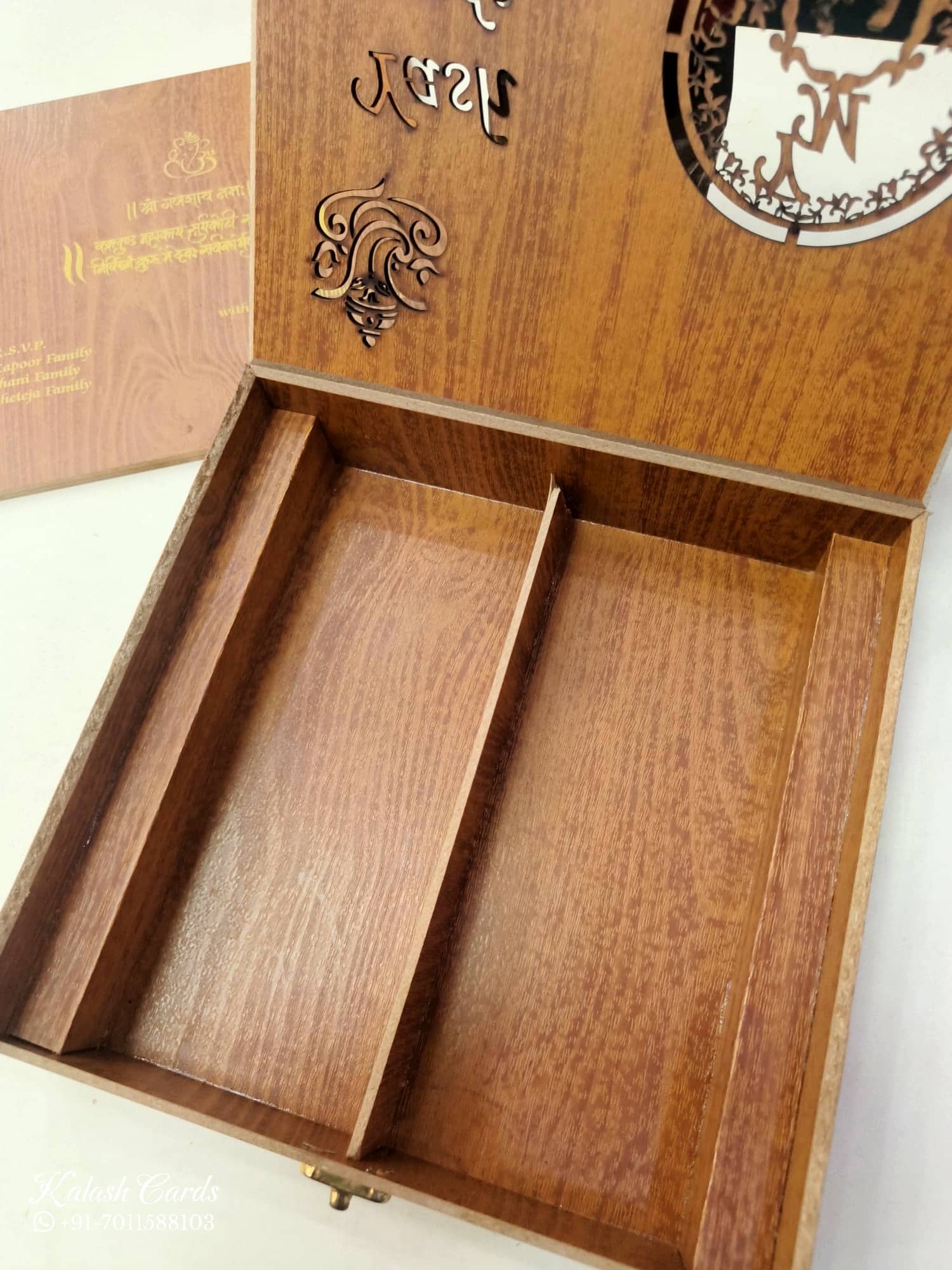 KLB839 Brown Color Couple Name Laser Cut Box Type MDF Thick Wedding Card