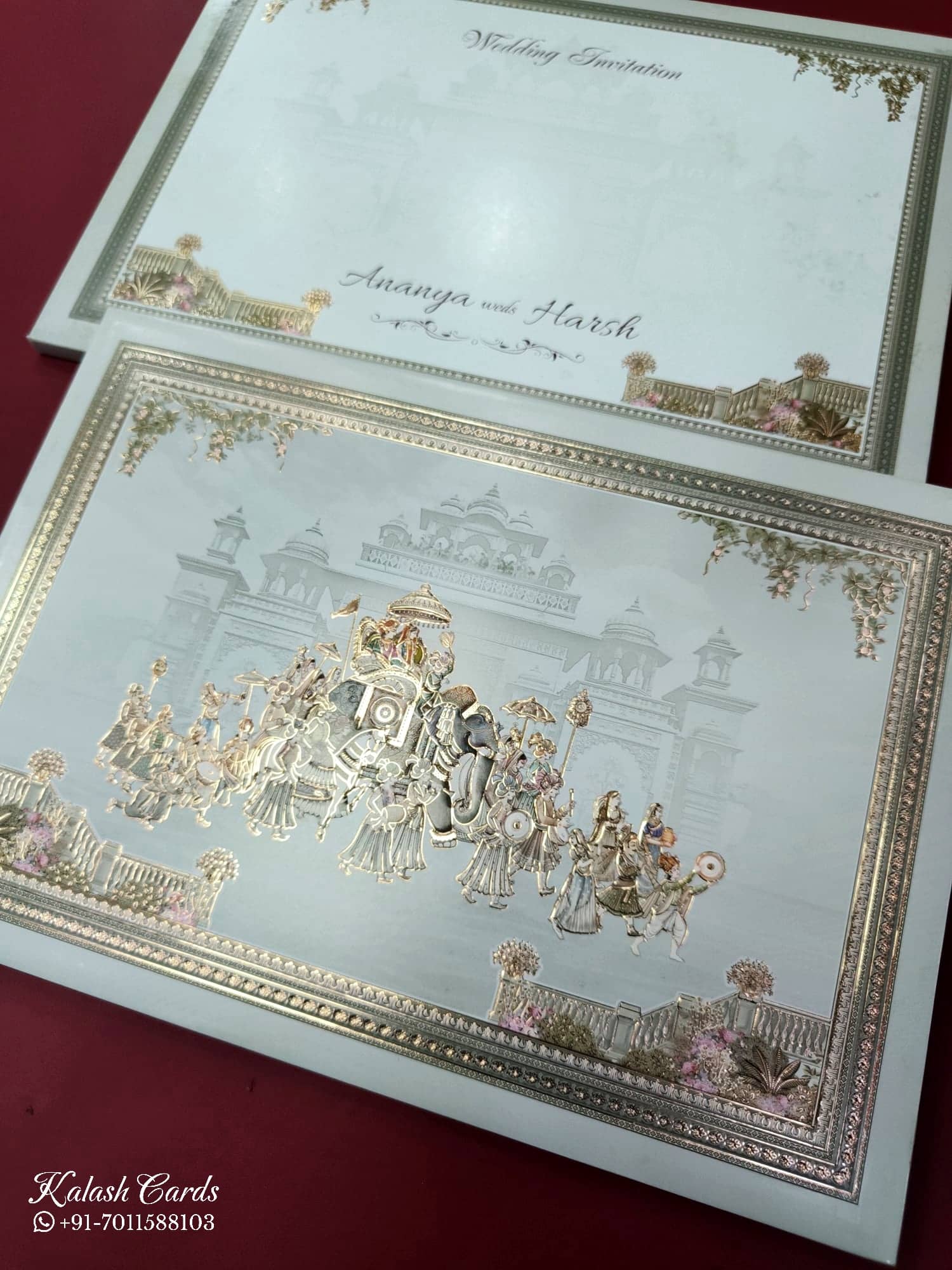 KLB840 Royal Fort Barat Design Green Color Embossed Hardboard Padding Thick Wedding Card (2 Page)