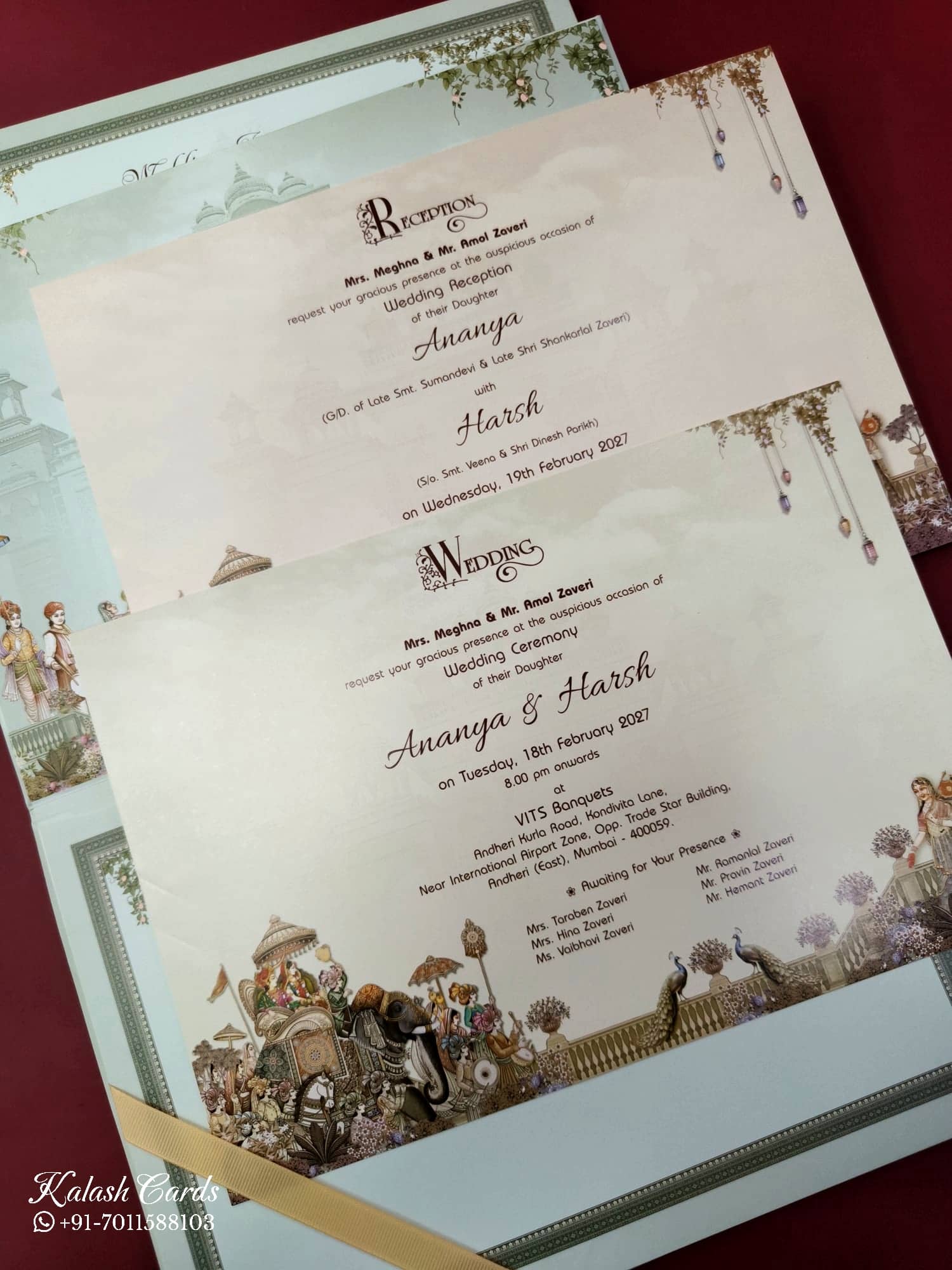 KLB840 Royal Fort Barat Design Green Color Embossed Hardboard Padding Thick Wedding Card (2 Page)