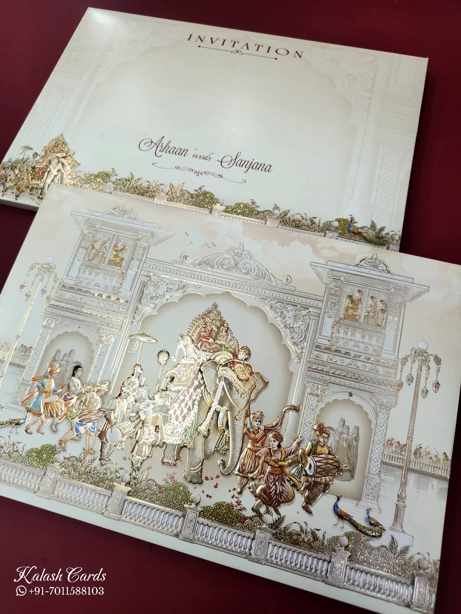 KLB841 Elephant Barat Design Creme Color Embossed Hardboard Padding Thick Wedding Card (2 Page)