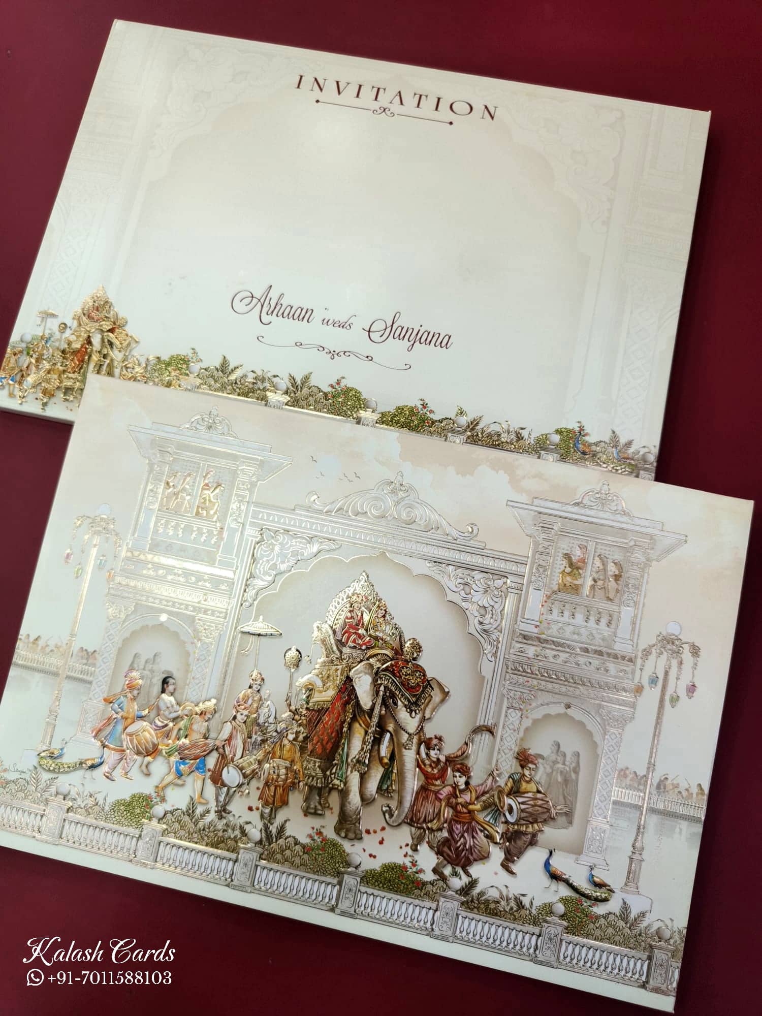 KLB841 Elephant Barat Design Creme Color Embossed Hardboard Padding Thick Wedding Card (2 Page)