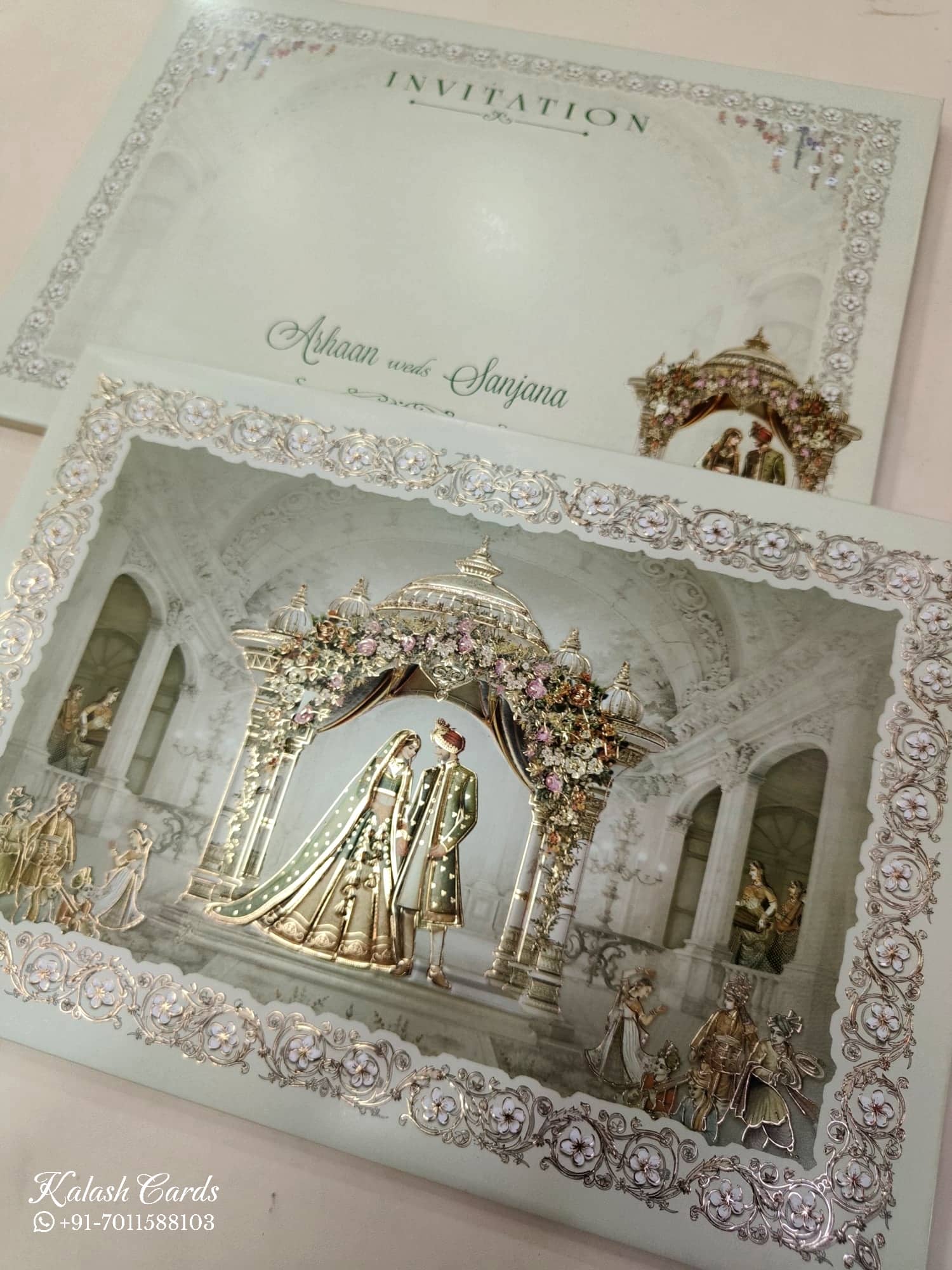 KLB842 Dulha Dulhan Mandap Design Green Color Embossed Hardboard Padding Thick Wedding Card (2 Page)
