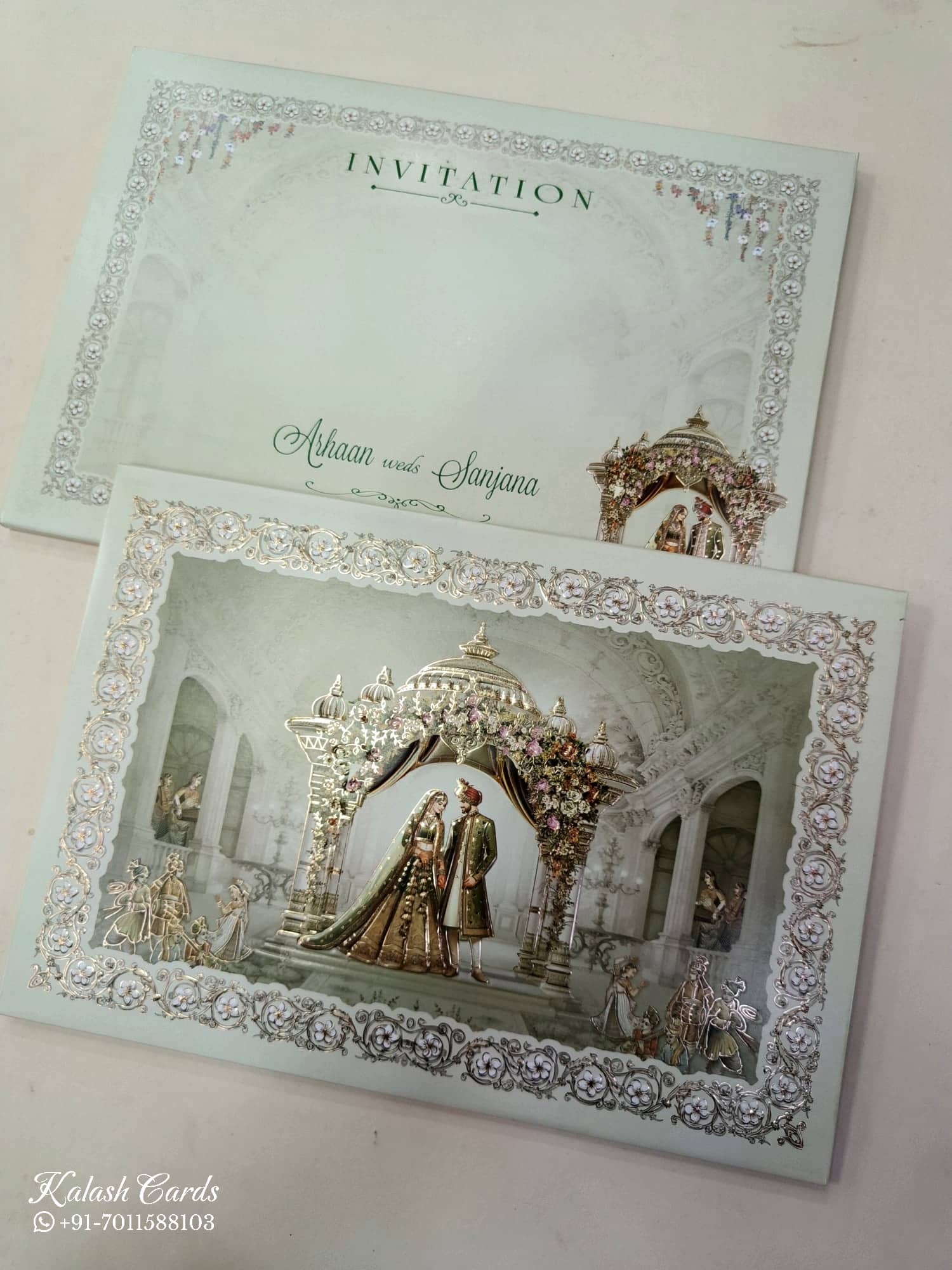 KLB842 Dulha Dulhan Mandap Design Green Color Embossed Hardboard Padding Thick Wedding Card (2 Page)