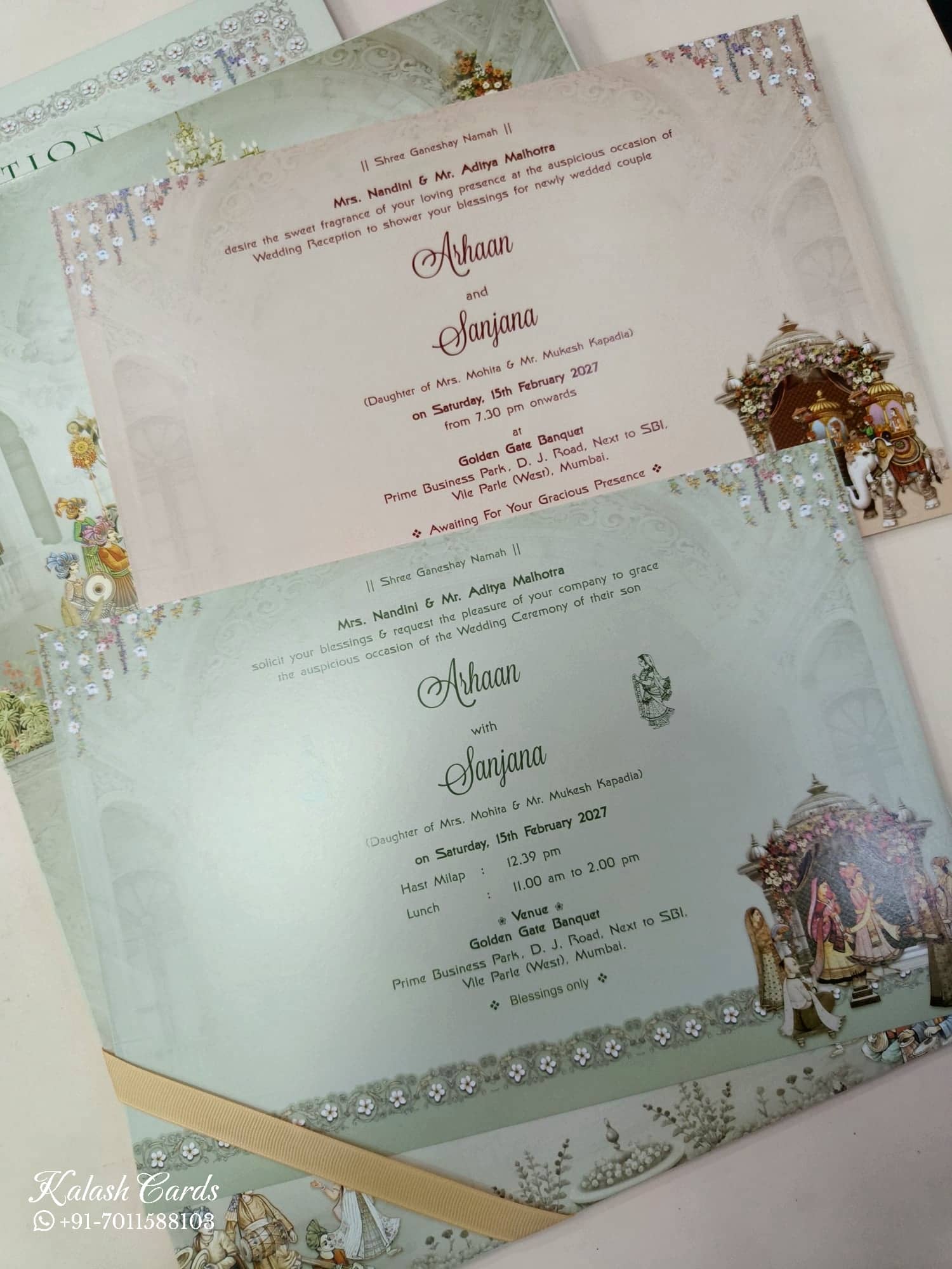 KLB842 Dulha Dulhan Mandap Design Green Color Embossed Hardboard Padding Thick Wedding Card (2 Page)