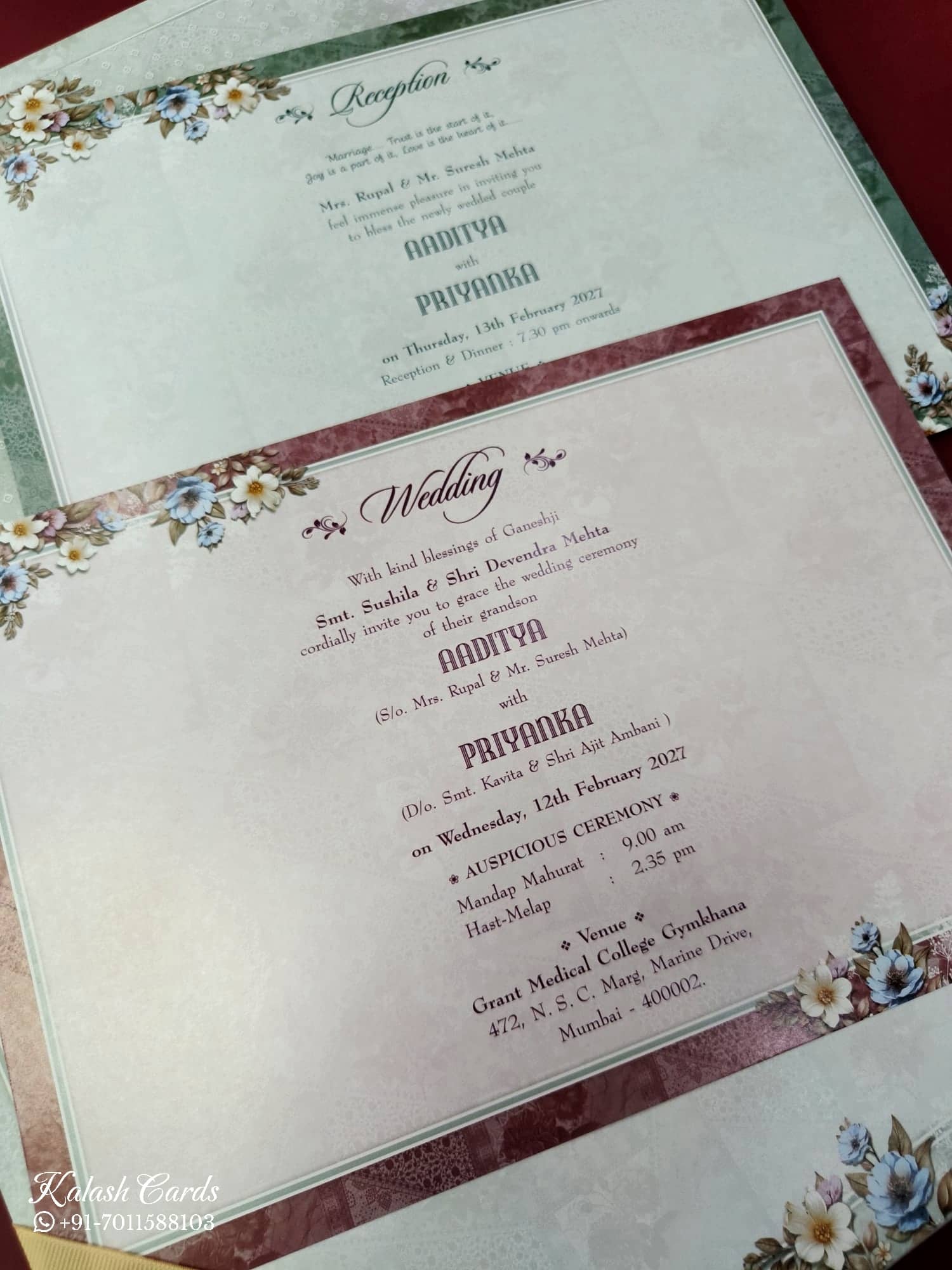 KLB843 Floral Design Green Color Embossed Hardboard Padding Thick Wedding Card (2 Page & Couple Name Acrylic)