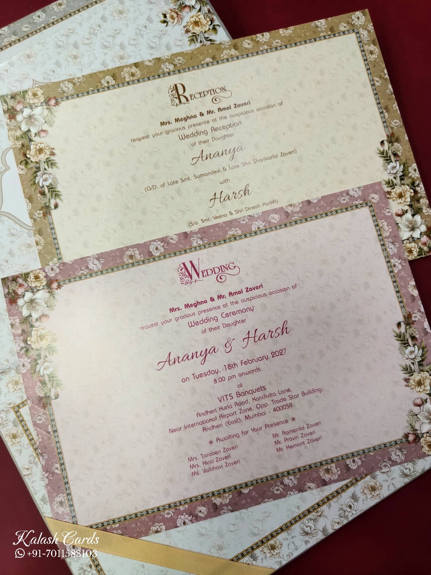 KLB844 Floral Design White Color Embossed Hardboard Padding Thick Wedding Card (2 Page & Couple Name Acrylic)