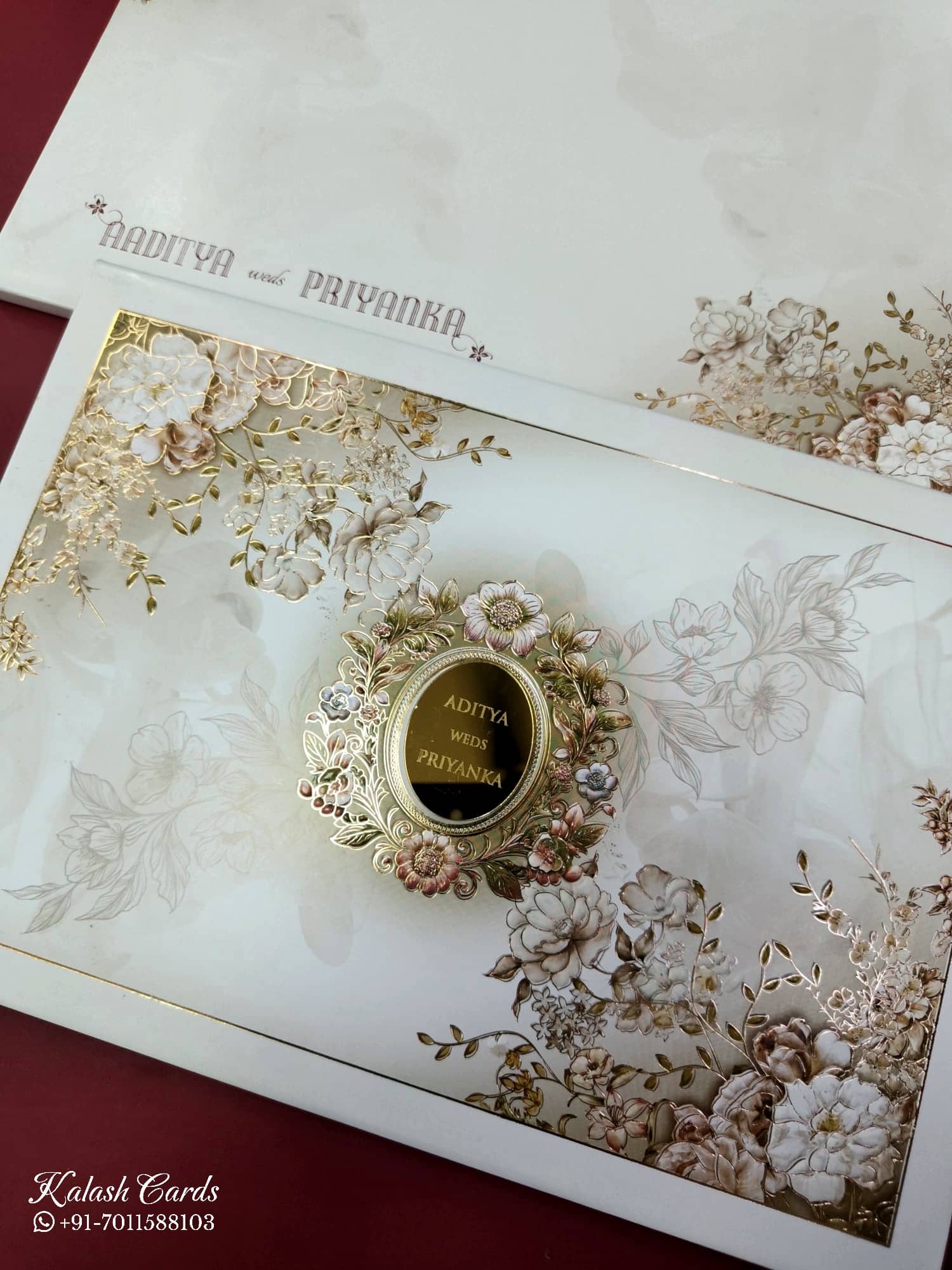 KLB845 Floral Design Creme Color Hardboard Padding Thick Wedding Card (2 Page & Couple Name Acrylic)