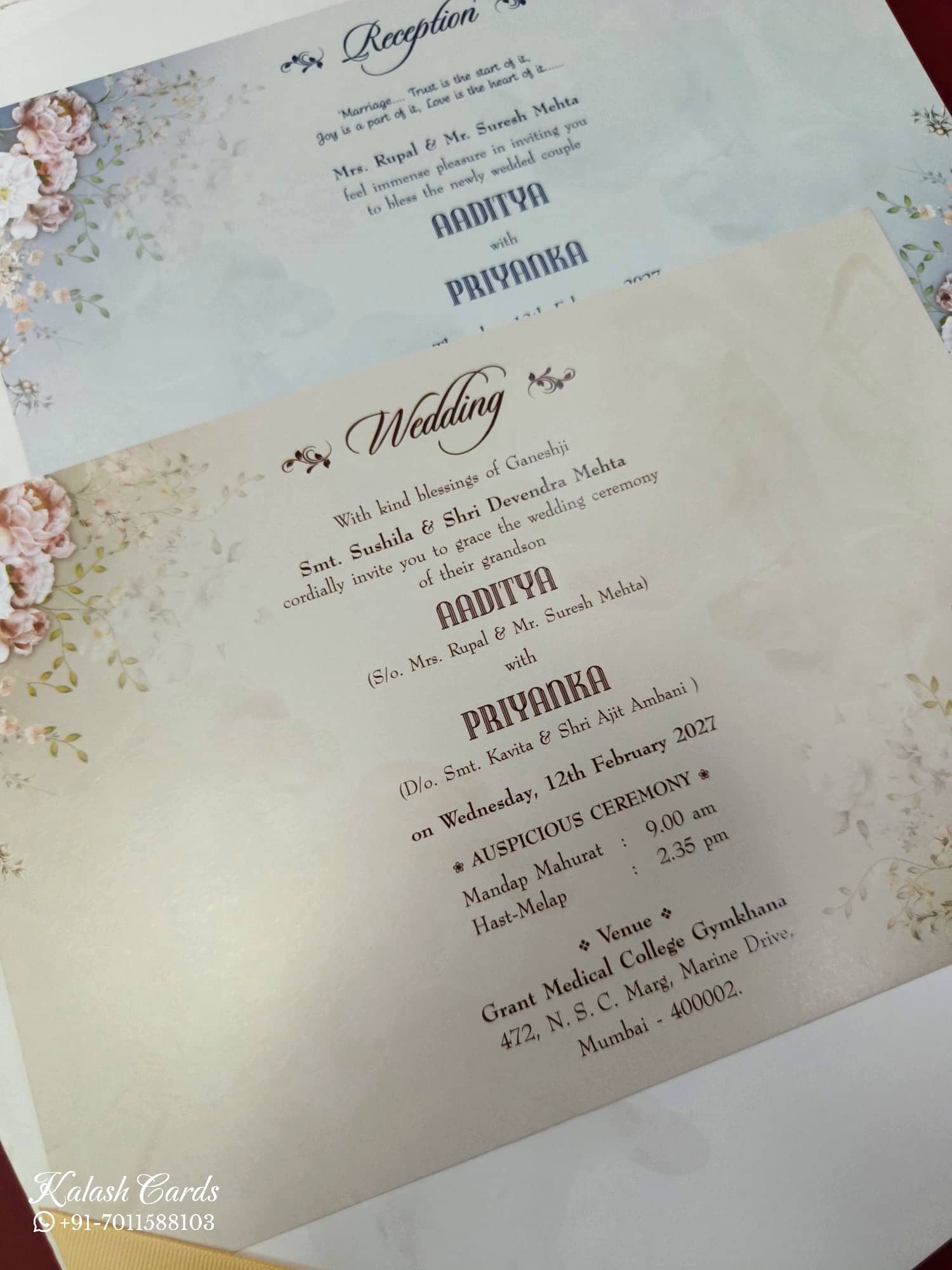 KLB845 Floral Design Creme Color Hardboard Padding Thick Wedding Card (2 Page & Couple Name Acrylic)