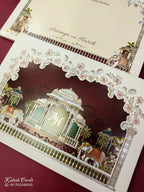 KLB846 Royal Fort Elephant Design Creme Maroon Color Embossed Hardboard Padding Thick Wedding Card (2 Page & Couple Initial Acrylic)