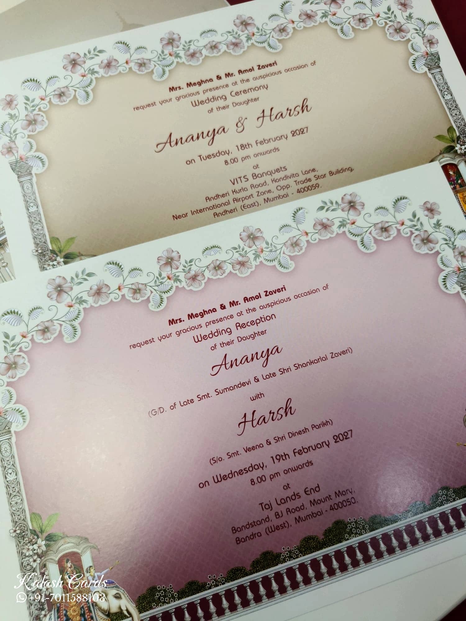 KLB846 Royal Fort Elephant Design Creme Maroon Color Embossed Hardboard Padding Thick Wedding Card (2 Page & Couple Initial Acrylic)