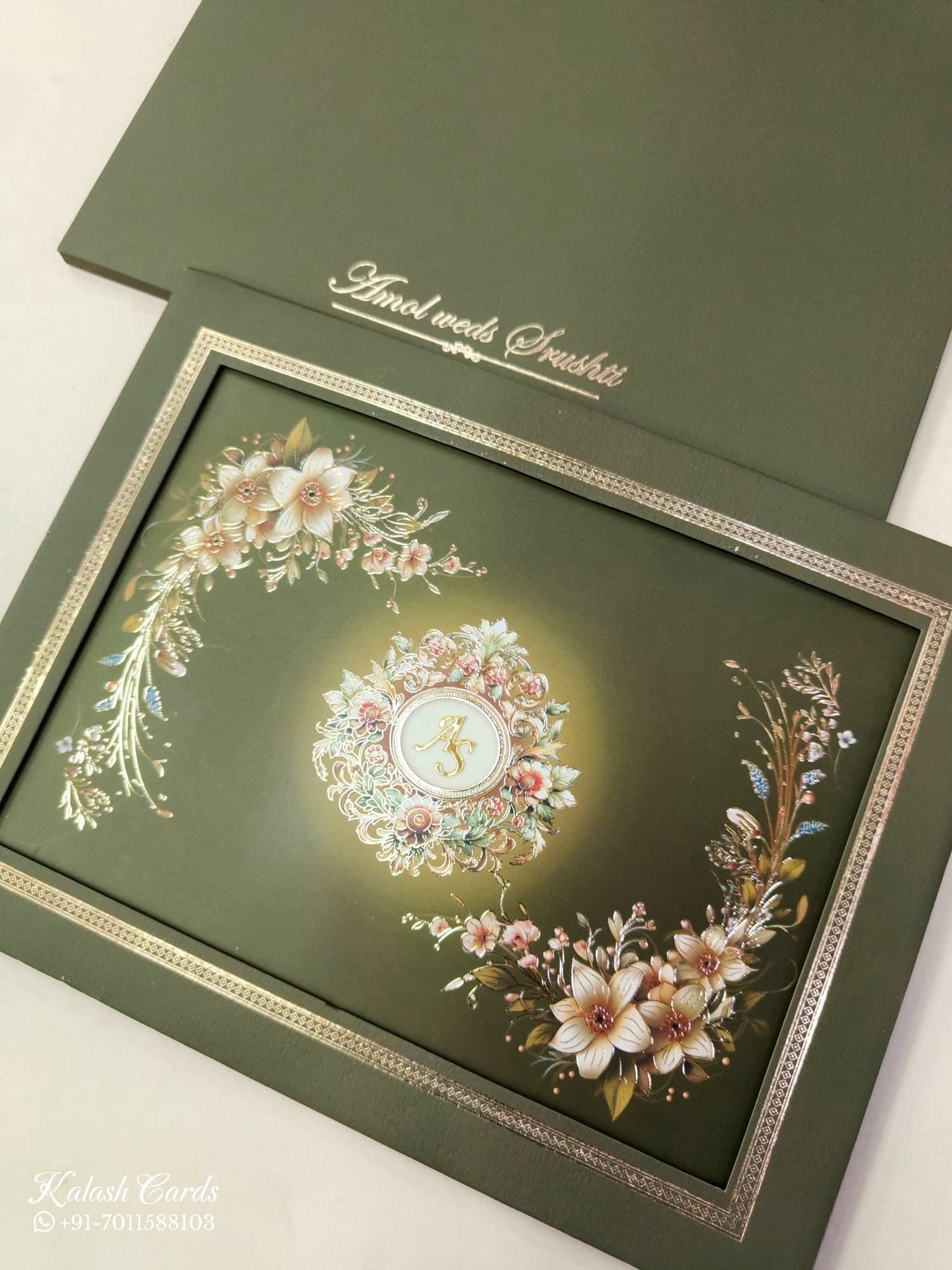 KLB847 Floral Design Green Color Leatherette Hardboard Padding Thick Wedding Card (2 Page & Couple Initial Acrylic)
