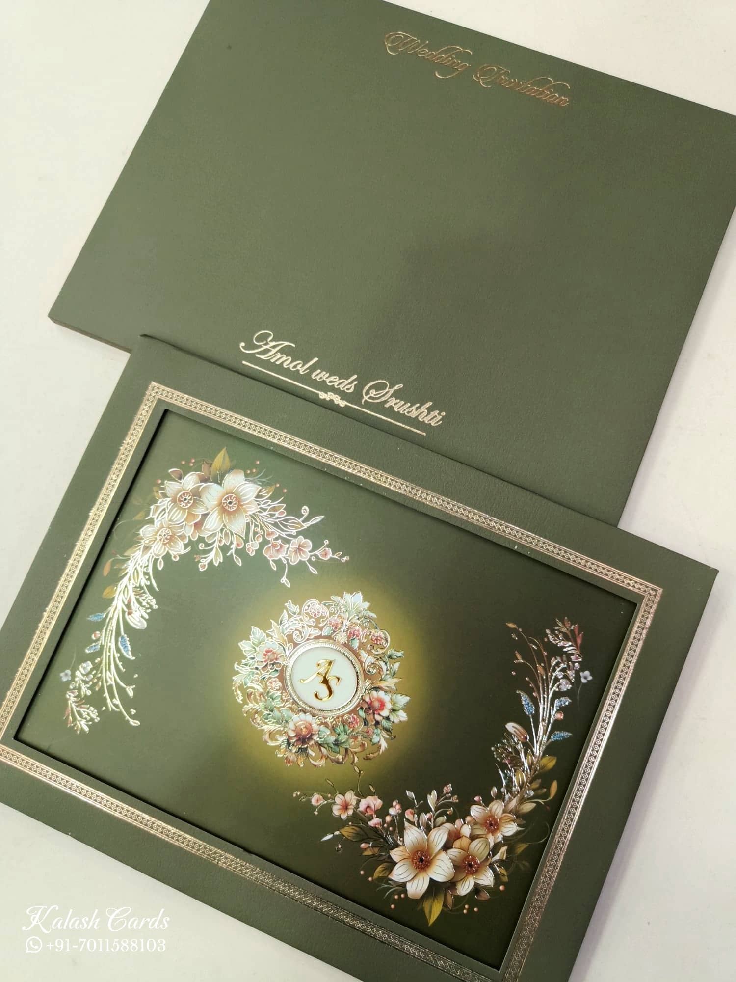 KLB847 Floral Design Green Color Leatherette Hardboard Padding Thick Wedding Card (2 Page & Couple Initial Acrylic)
