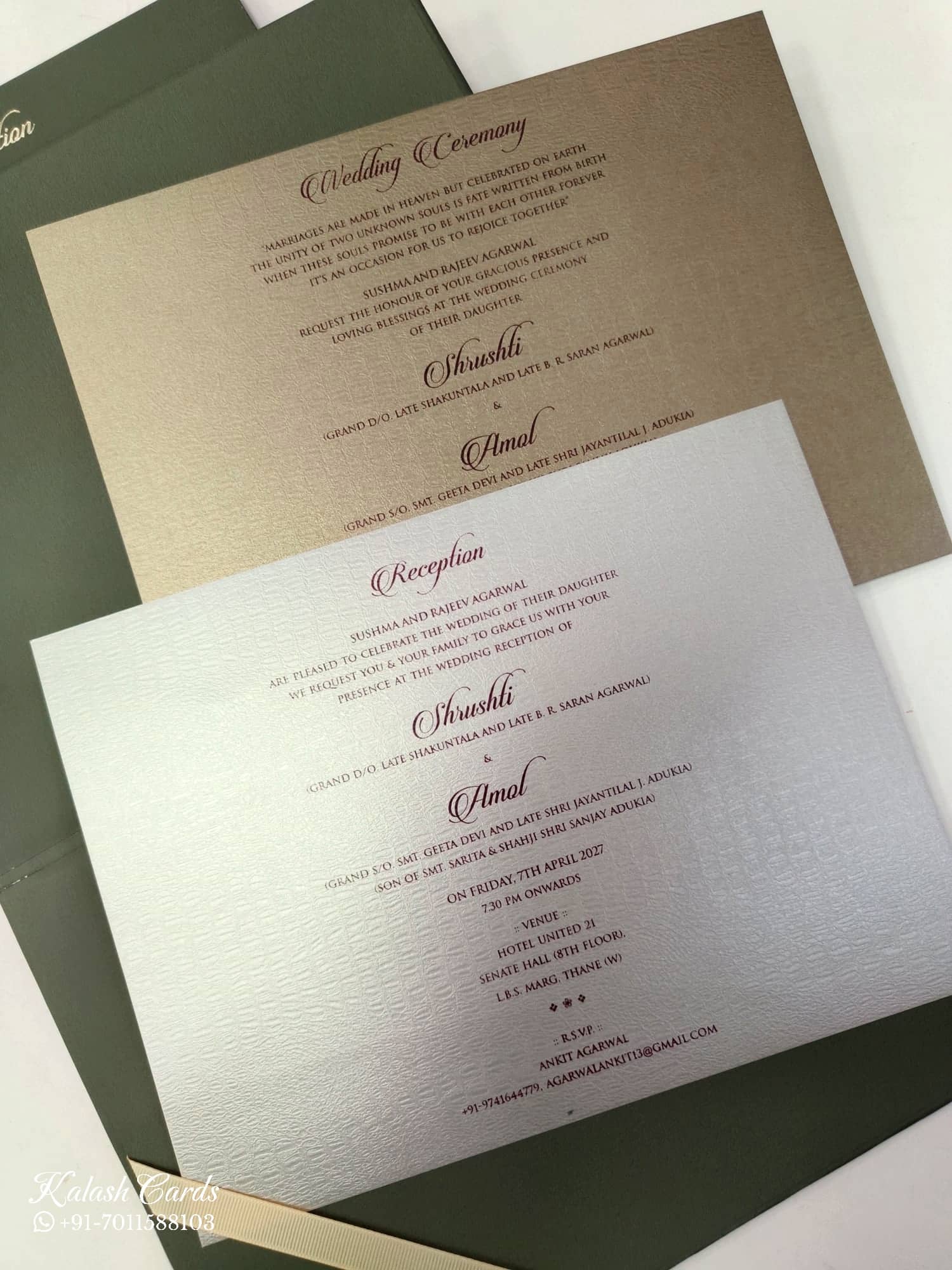 KLB847 Floral Design Green Color Leatherette Hardboard Padding Thick Wedding Card (2 Page & Couple Initial Acrylic)