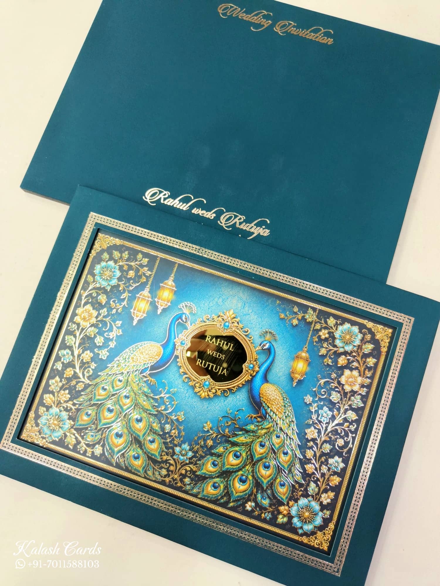 KLB848 Peacock Design Blue Color Leatherette Hardboard Padding Thick Wedding Card (2 Page & Couple Name Acrylic)