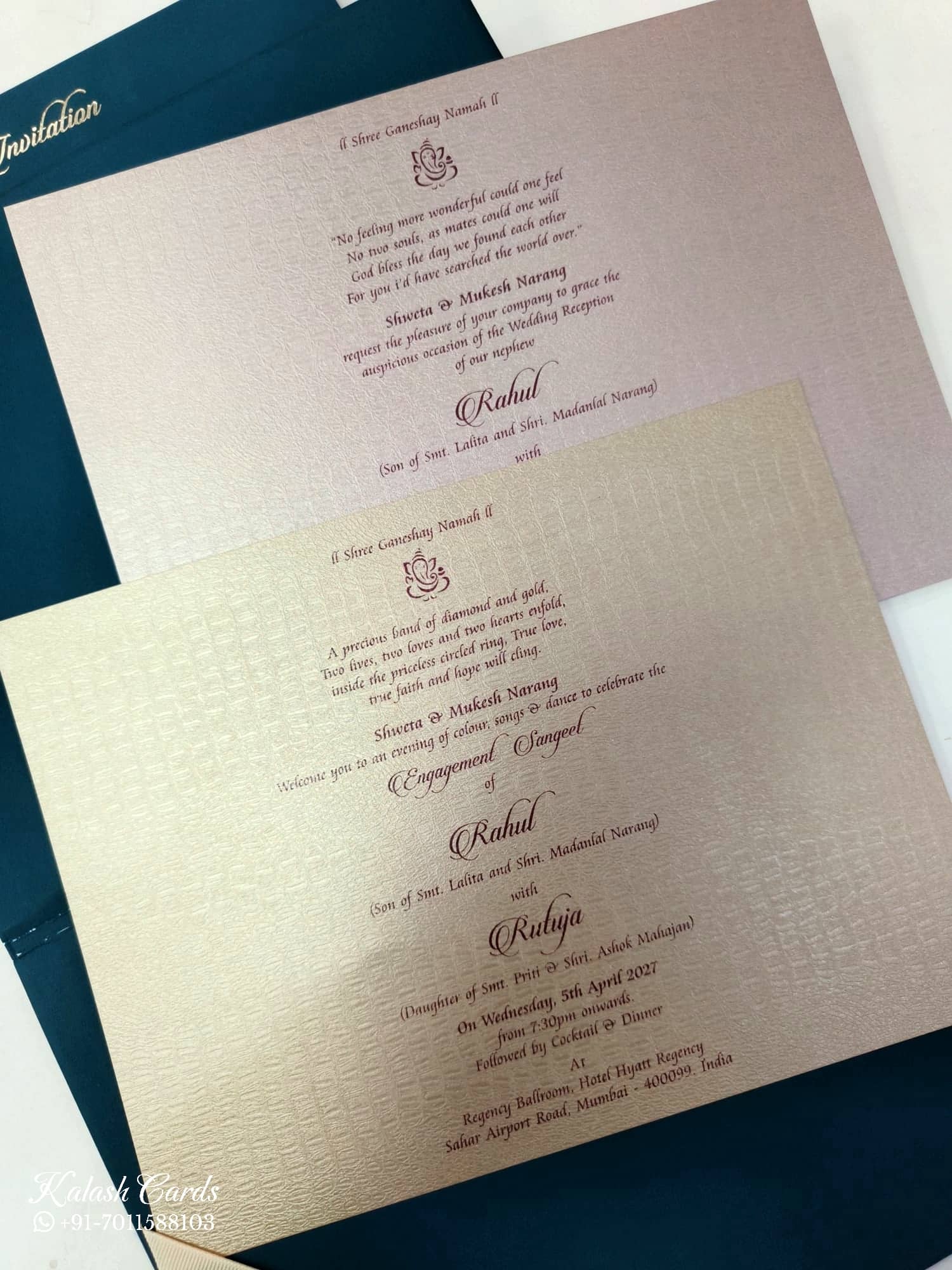 KLB848 Peacock Design Blue Color Leatherette Hardboard Padding Thick Wedding Card (2 Page & Couple Name Acrylic)