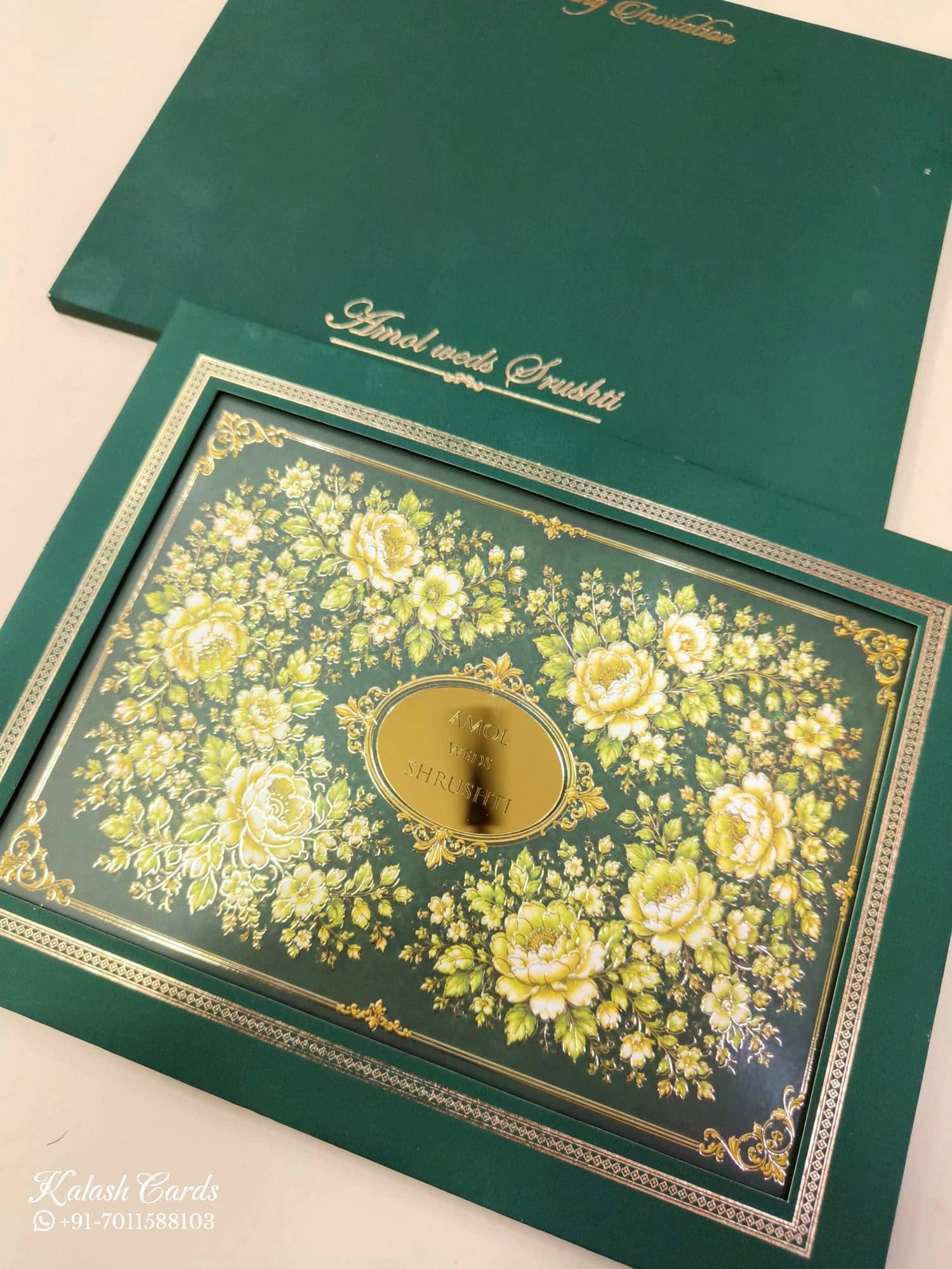 KLB849 Rose Floral Design Green Color Leatherette Hardboard Padding Thick Wedding Card (2 Page & Couple Name Acrylic)